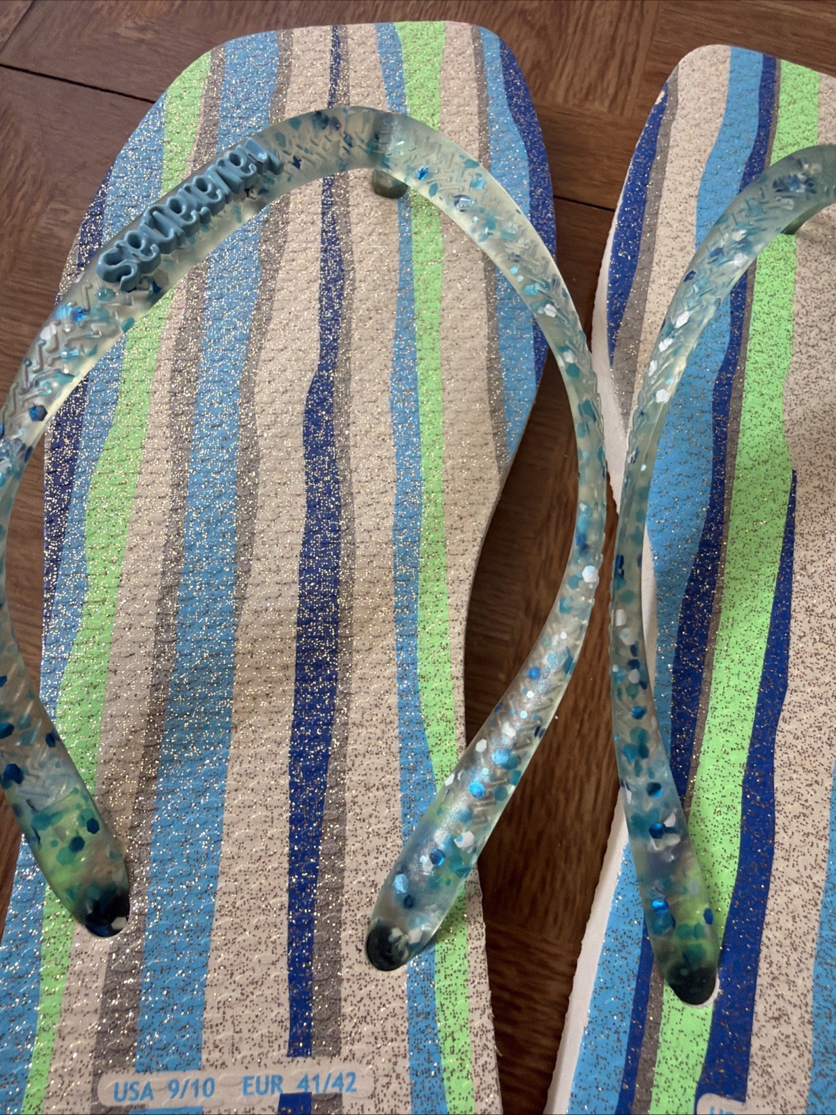 Havaianas Slim Square Folia Flip Flop Blue Stripped Glittery Women’s USA 9/10