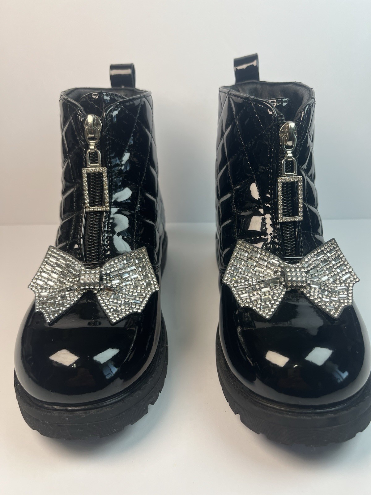 Women’s Black Patent Leather Quilted Ankle Booties, Zip Front Rhinestone Bow