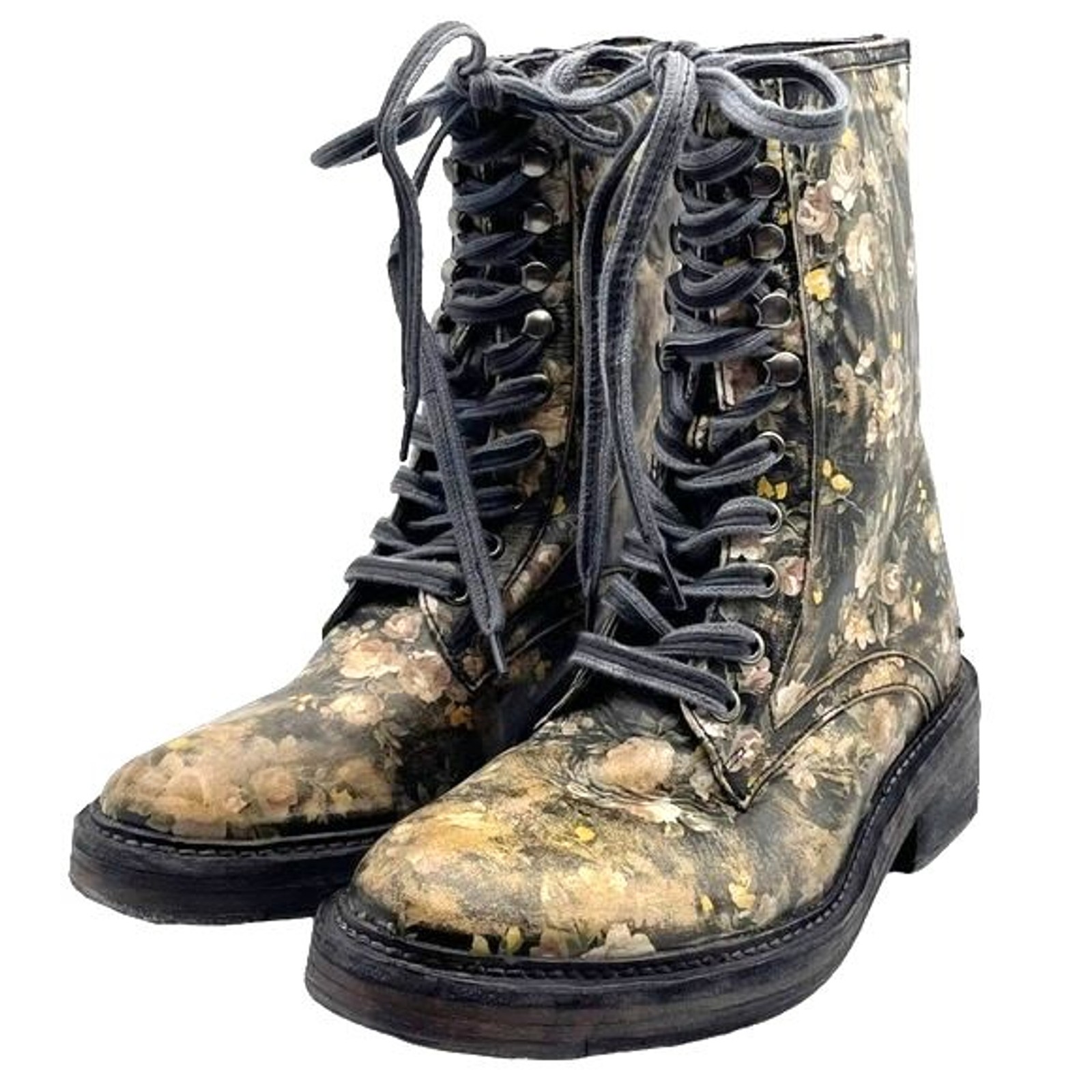 Free People Black Floral Leather Lace-Up Combat Boot Sz 8 Grunge Boho New In Box