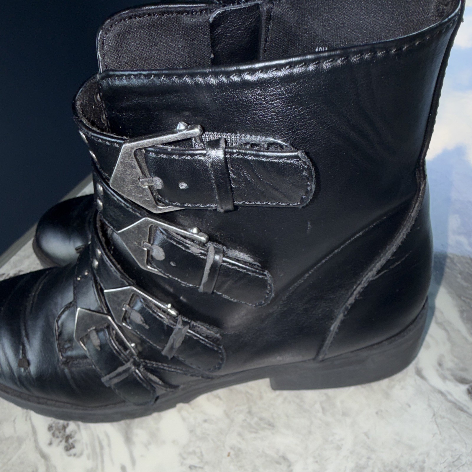 Black Leather Ankle Bootie Multi-Buckle Straps Studded Zip Round Toe 10