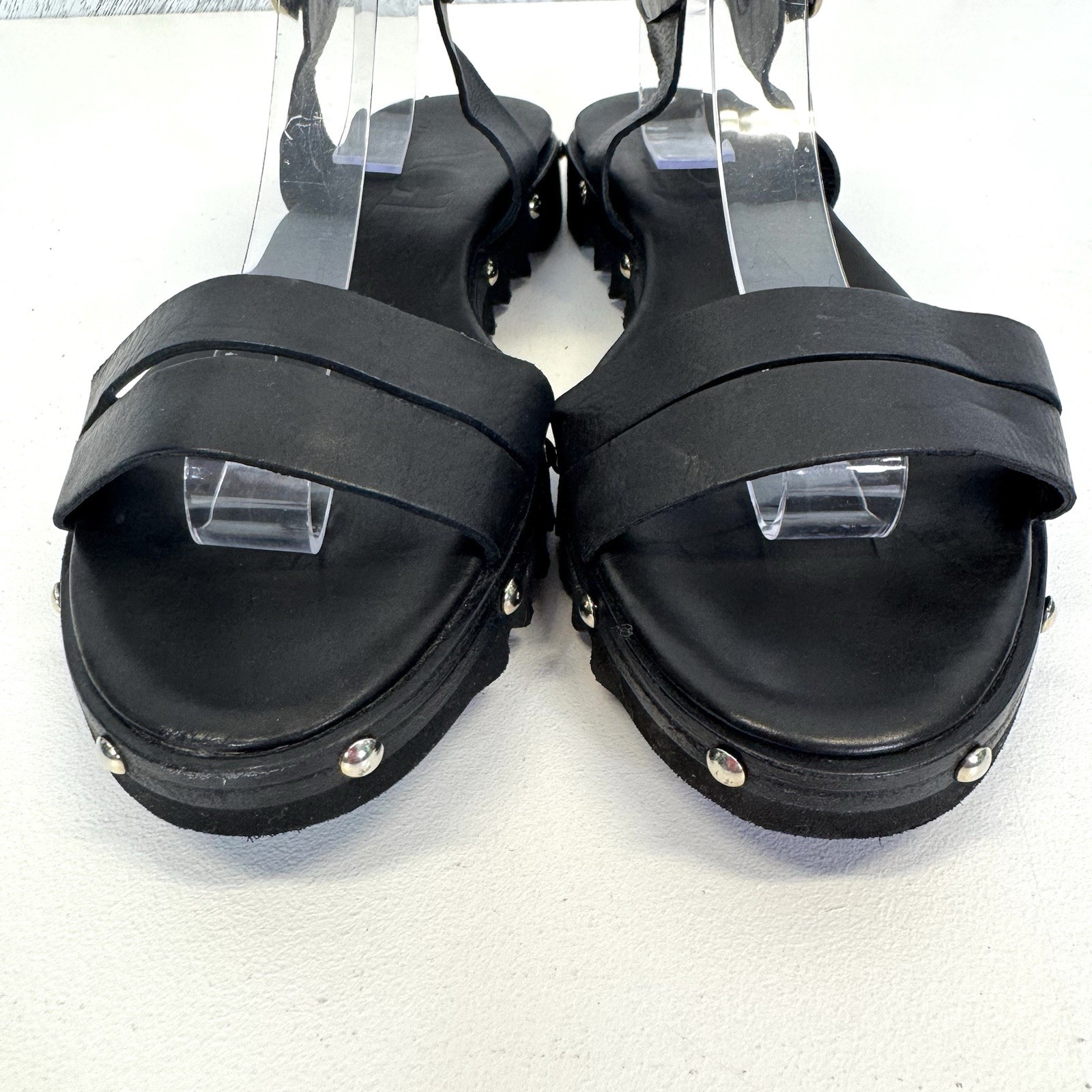 AGL Ankle Wrap Sandals Black Leather Platform Studded Lug Sole EU 39 US 8.5-9