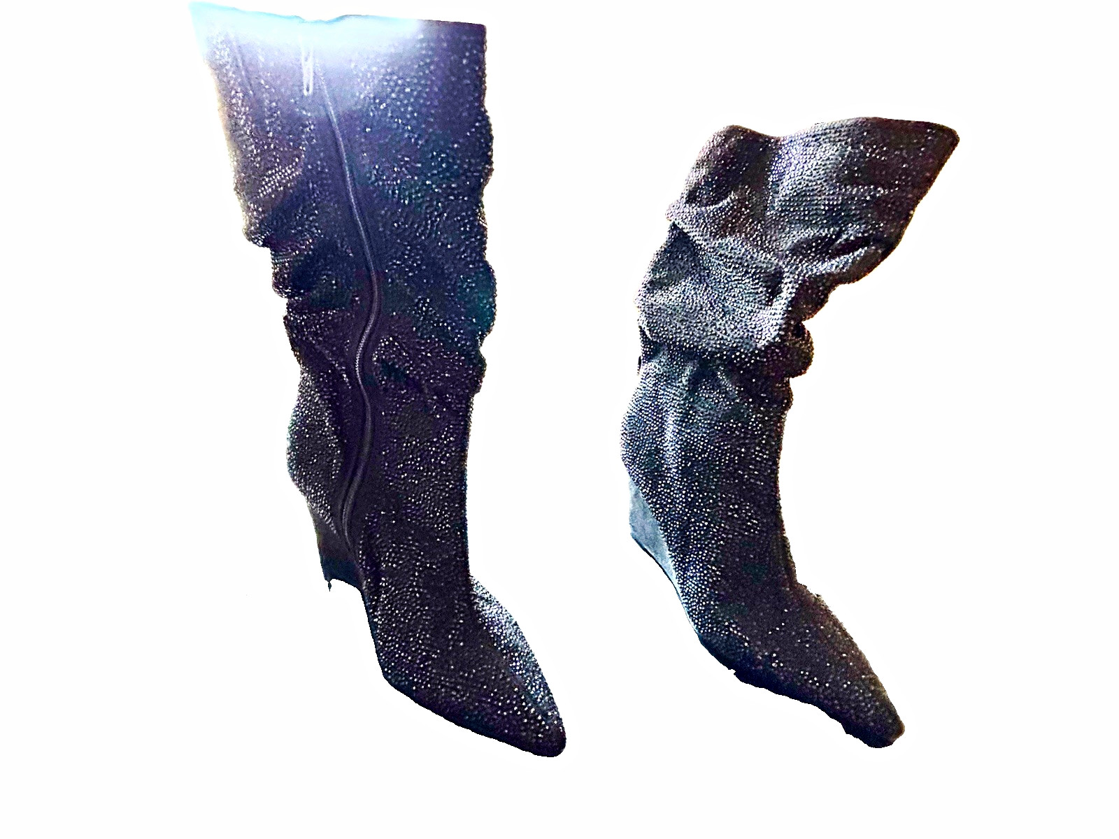 Women’s Black Leather Rhinestone Studded Knee High Boots Pointed Toe Zip 9