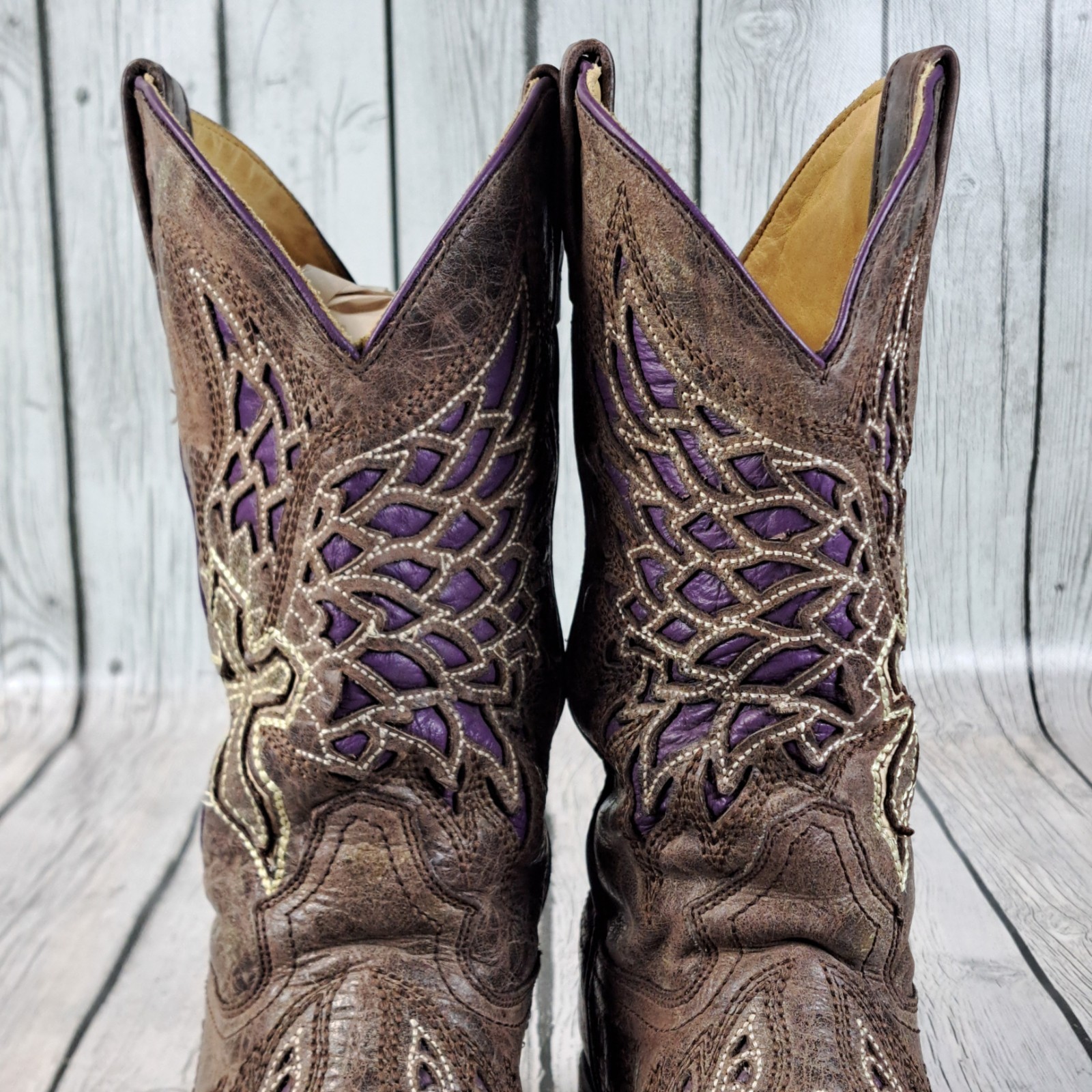 Corral Vintage Cowboy Boots Womens 7 M Brown Purple Angel Wings Cross Leather