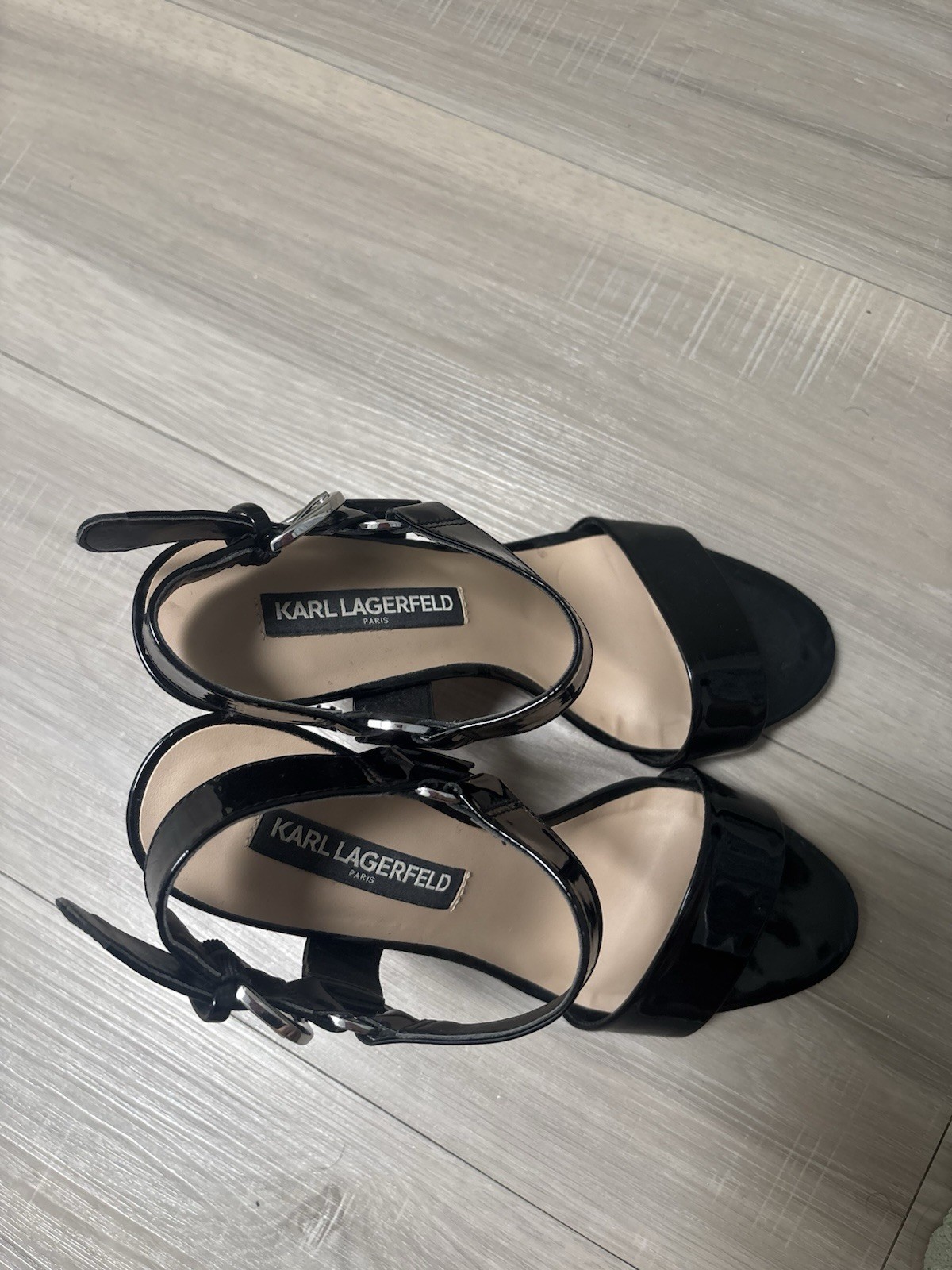 Karl Lagerfeld Paris Women’s Black Patent Strappy Ankle Strap Stiletto 7