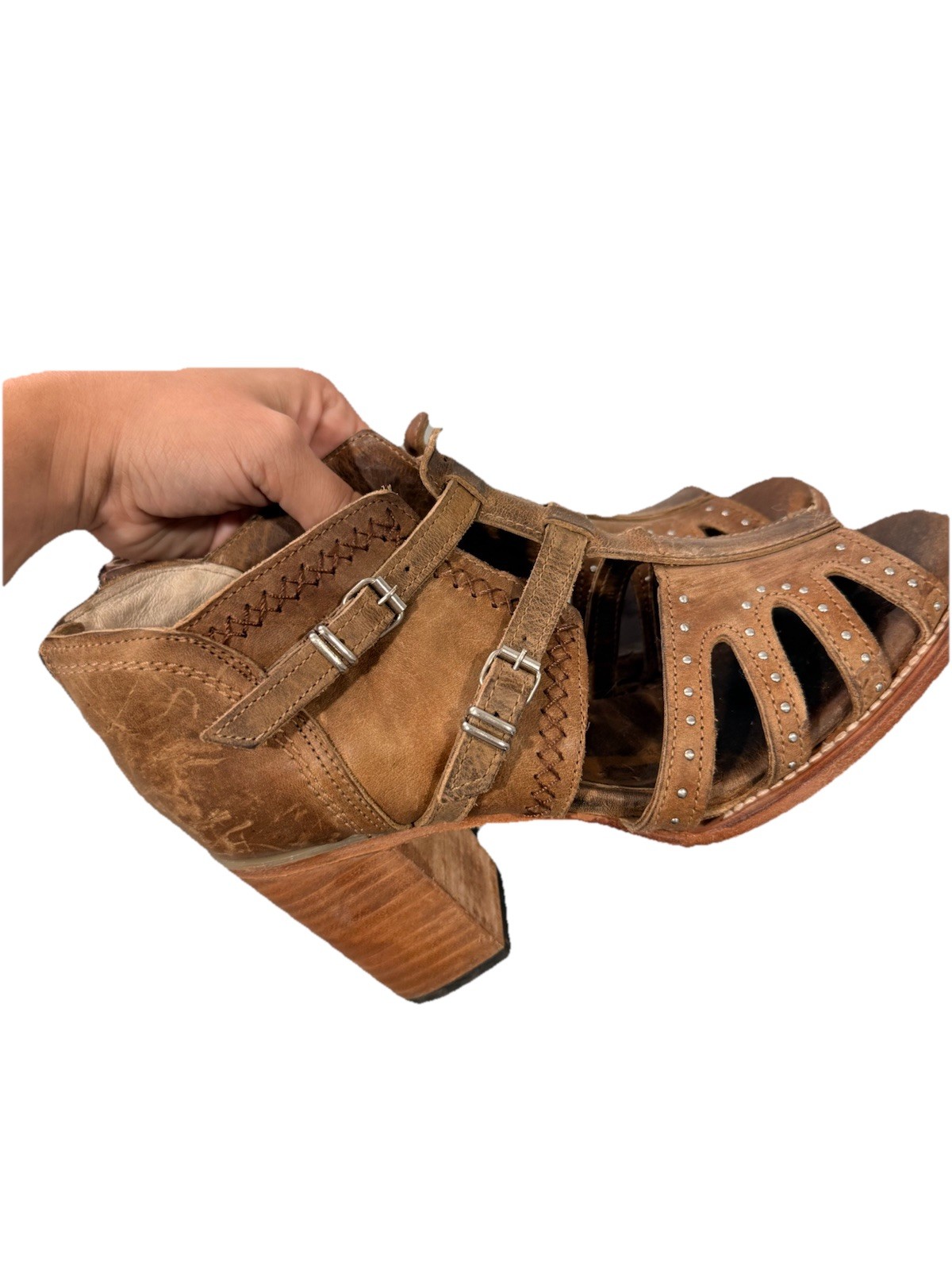 Freebird by Steven CONNER Brown Leather Heeled Zip Boho Western Sandals Size 11