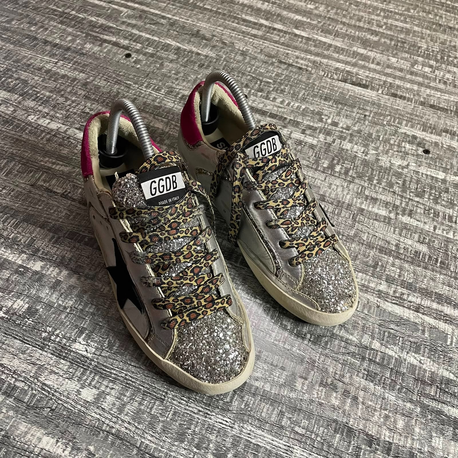 GOLDEN GOOSE SUPERSTAR SILVER GLITTER BLACK STAR PINK HEEL LEOPARD LACES EU 38
