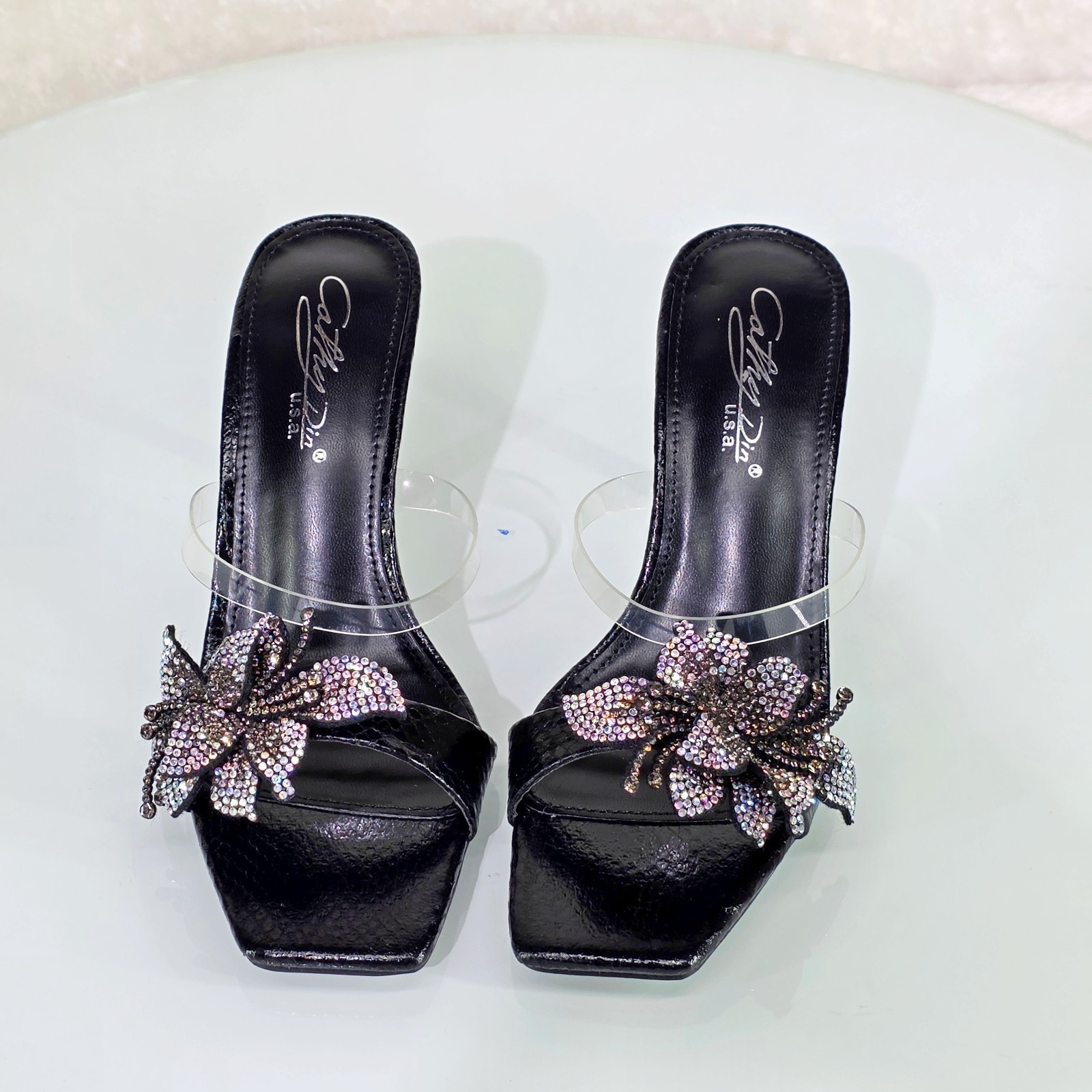 Lily Rhinestone Flower Black Slip On 3.25″ Heel Casual Evening Party Shoes