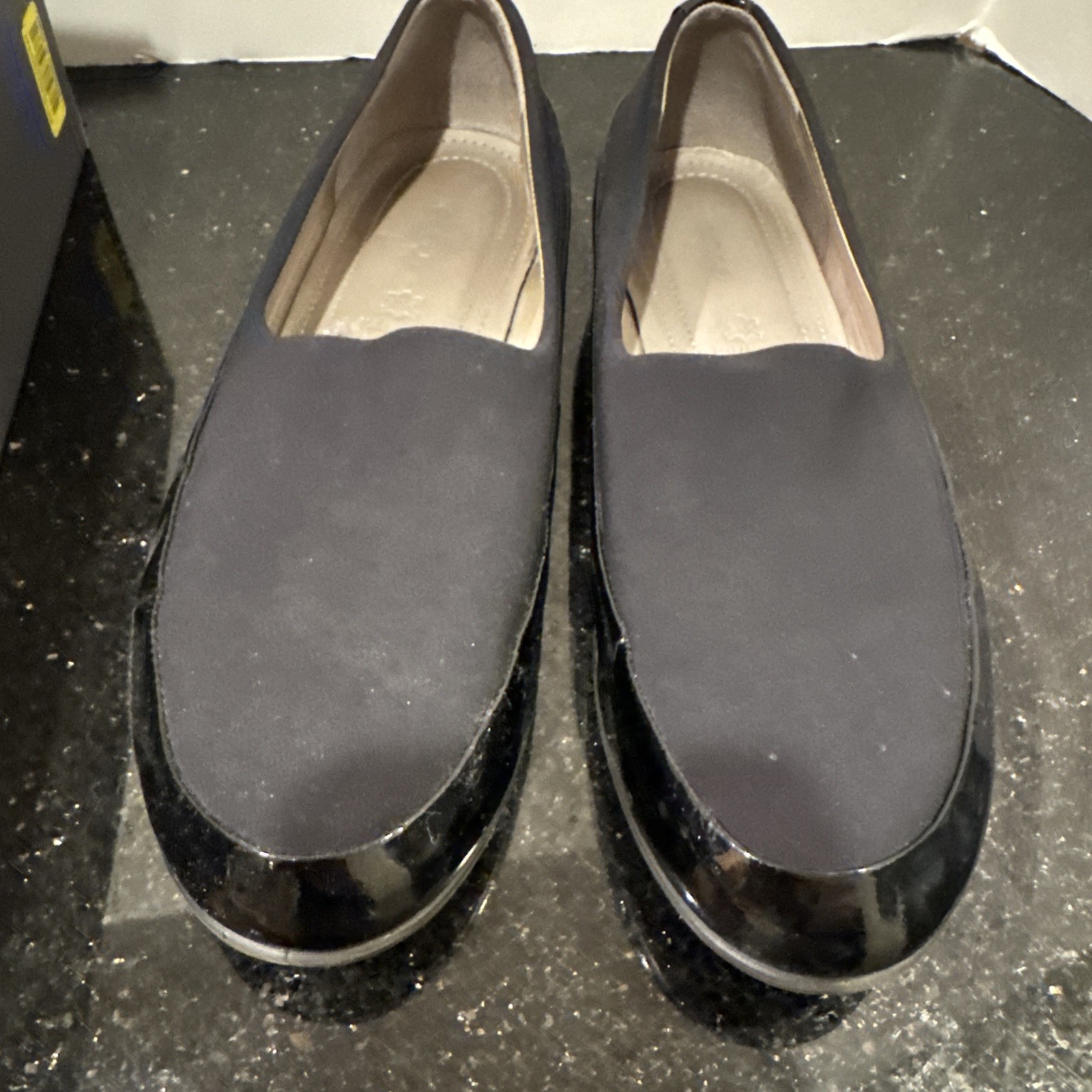 ECCO Touch Ballerina BLACK PATENT LEATHER STRETCHY FABRIC FLATS Slip Ons 7-7.5