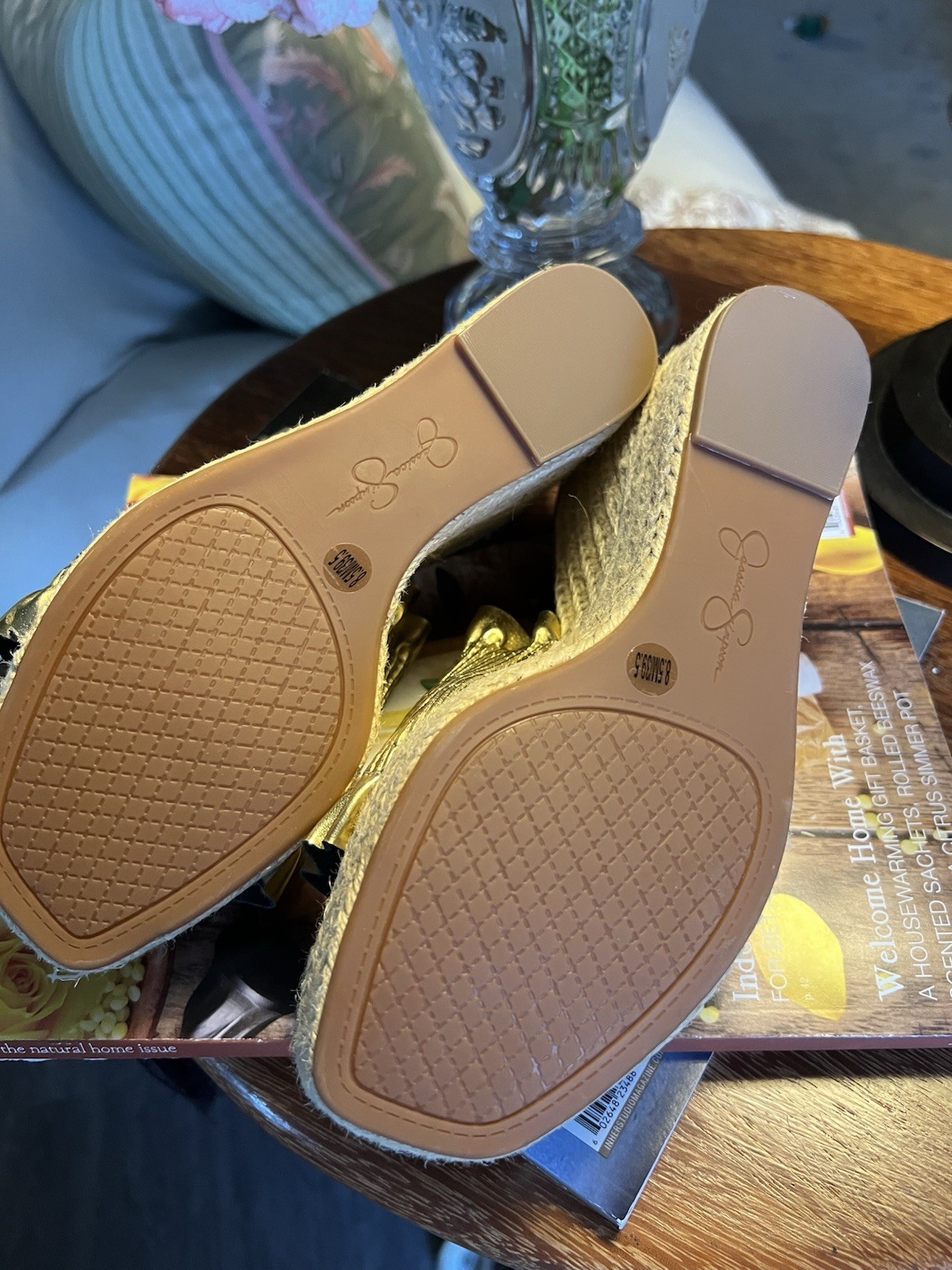 Jessica Simpson Serilda Gold Ruffled Smocked Espadrille Wedge Sandals Sz 8.5M