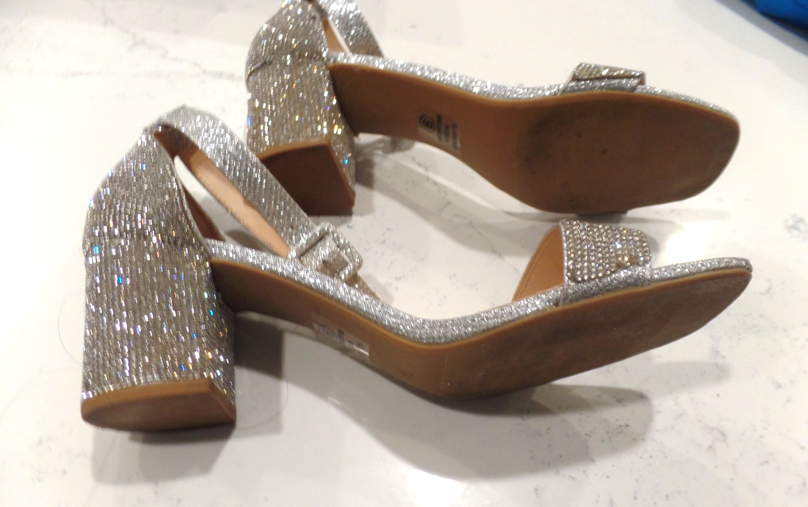 LADIES, SILVER, HIGH HEEL SHOES, WORN ONCE INSIDE, SIZE 9