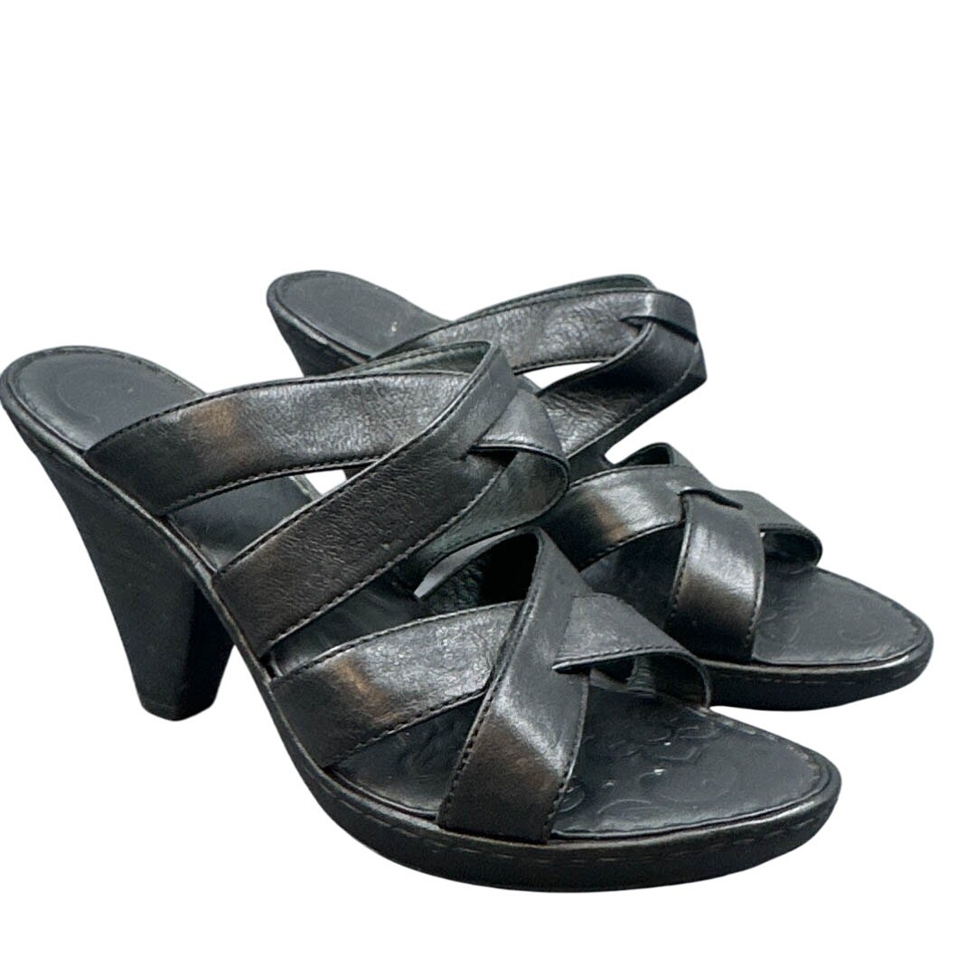 BORN Sandal Heels 9 Black Strappy 4″ Career Boss Mom Travel Preppy Witchy Office