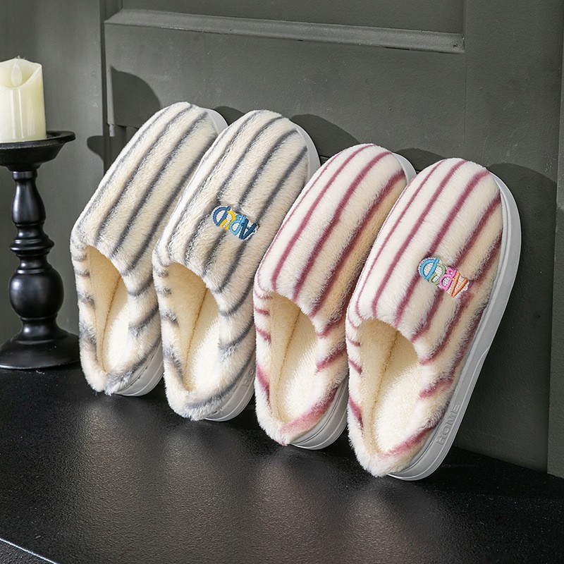 Ins Plush Striped Slippers Winter Warm Letter Embroidered Shoes Fashion Floor Be