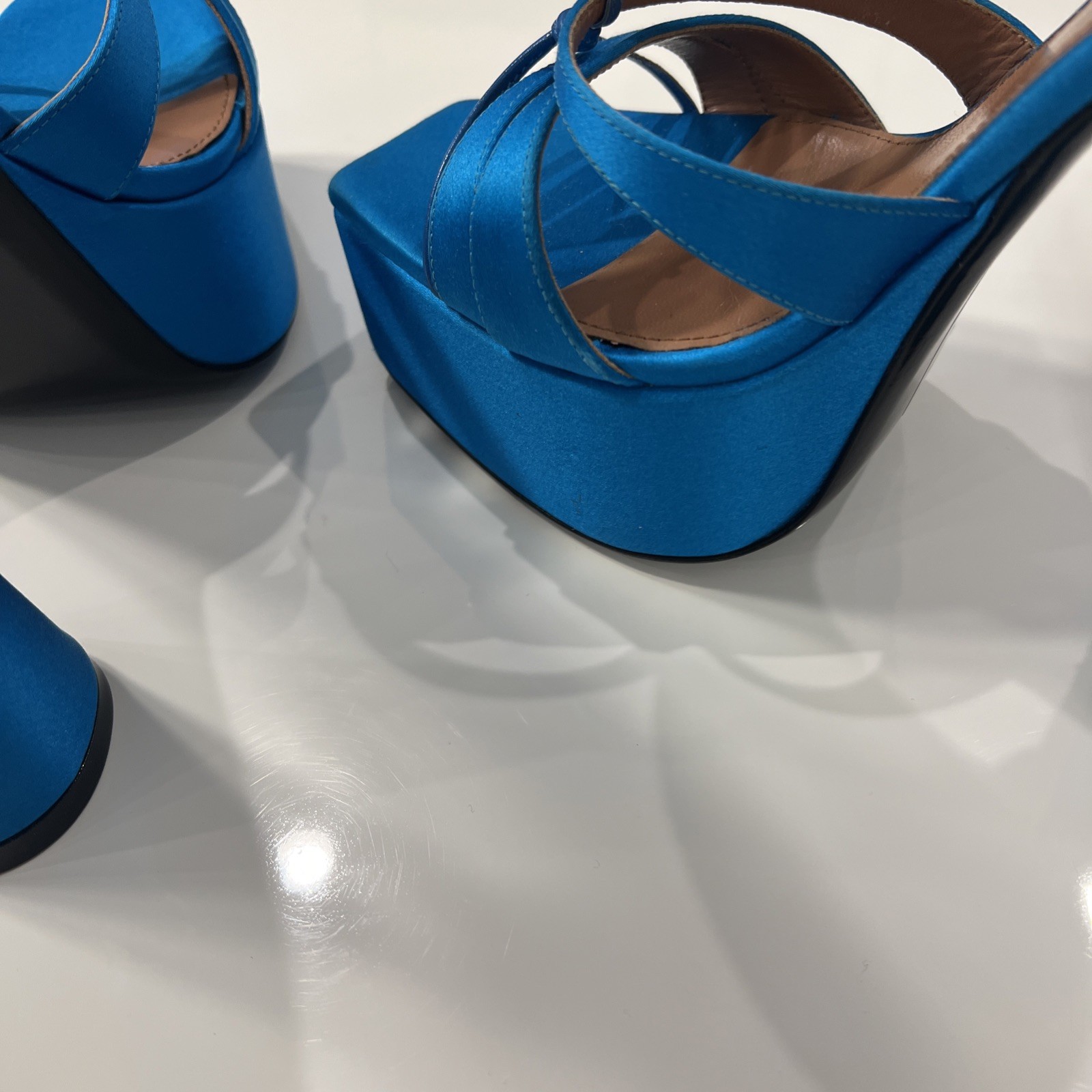 $1195 D’Accori Sienna Satin Platform Mules Sky High size 39.5