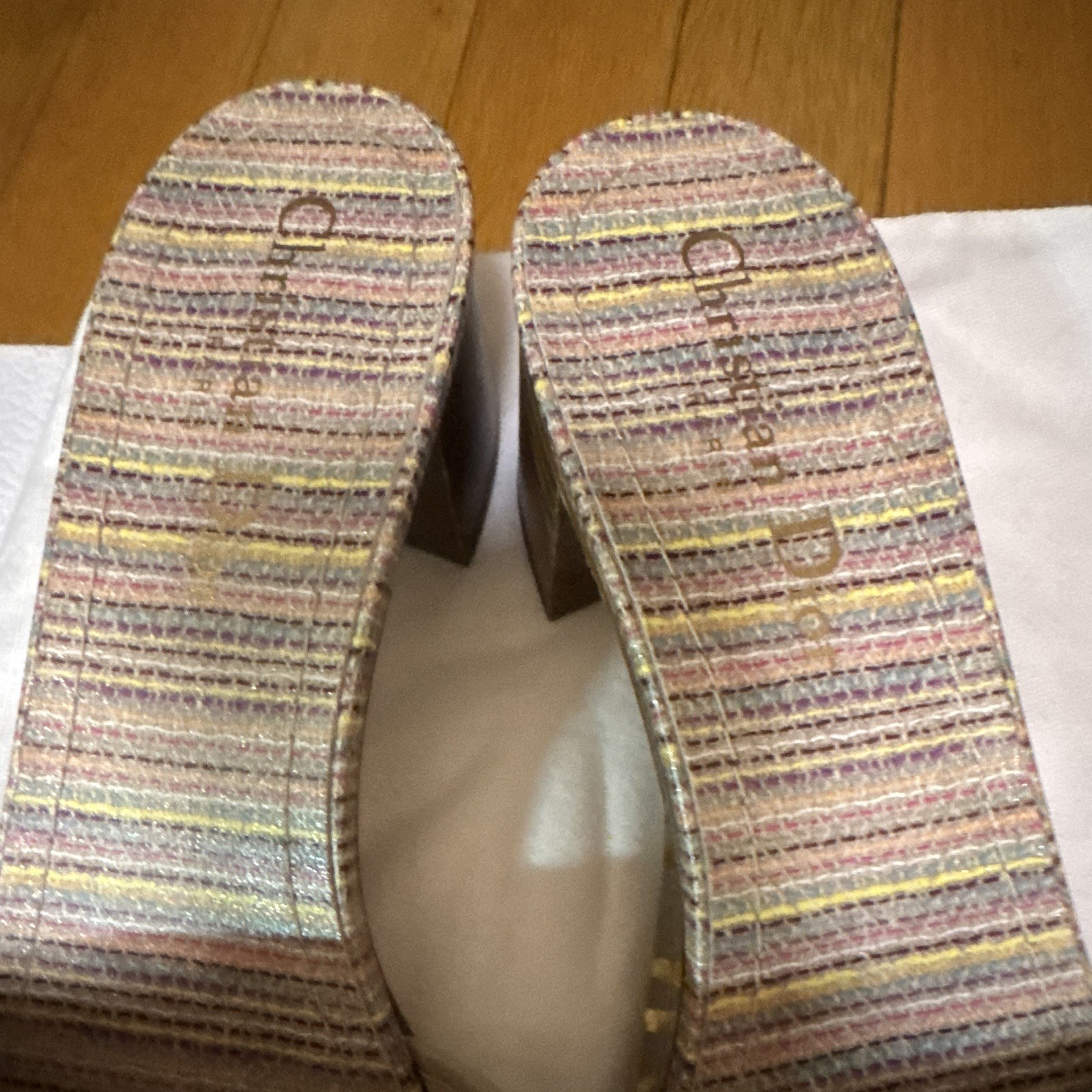 Christian Dior Women’s Gold Logo Striped Fabric Slip On Slide Sandals US 8.5