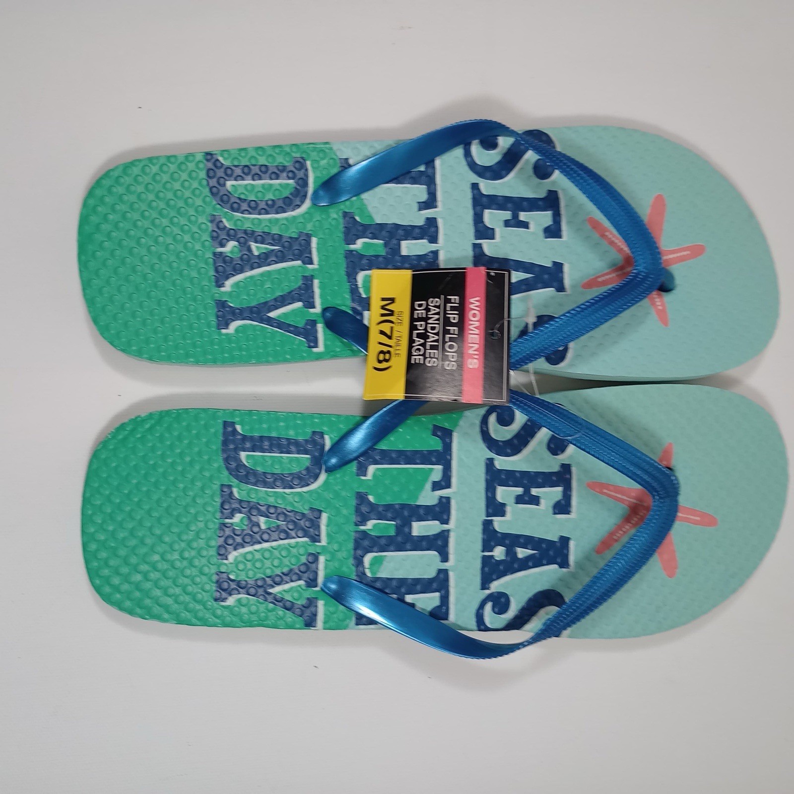 NWT Juncture Womens Flip Flops Sandals M 7/8 Seas The Day Teal Starfish Beach