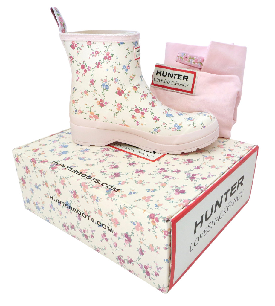 New NIB LoveShackFancy Hunter Play Sunrise Patchwork Pink Floral Short Rain Boot