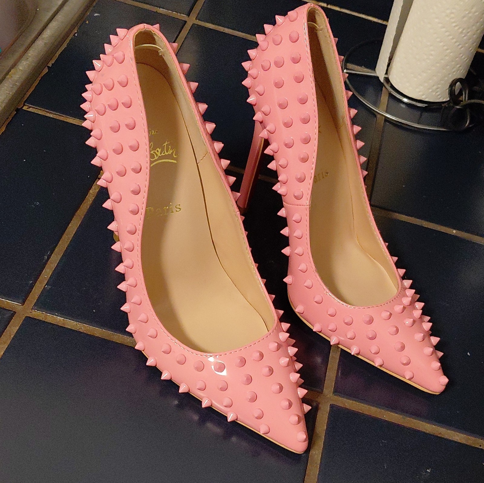 Christian Louboutin Pink Spiked Studded Pointed Toe Leather Stiletto Pumps 40
