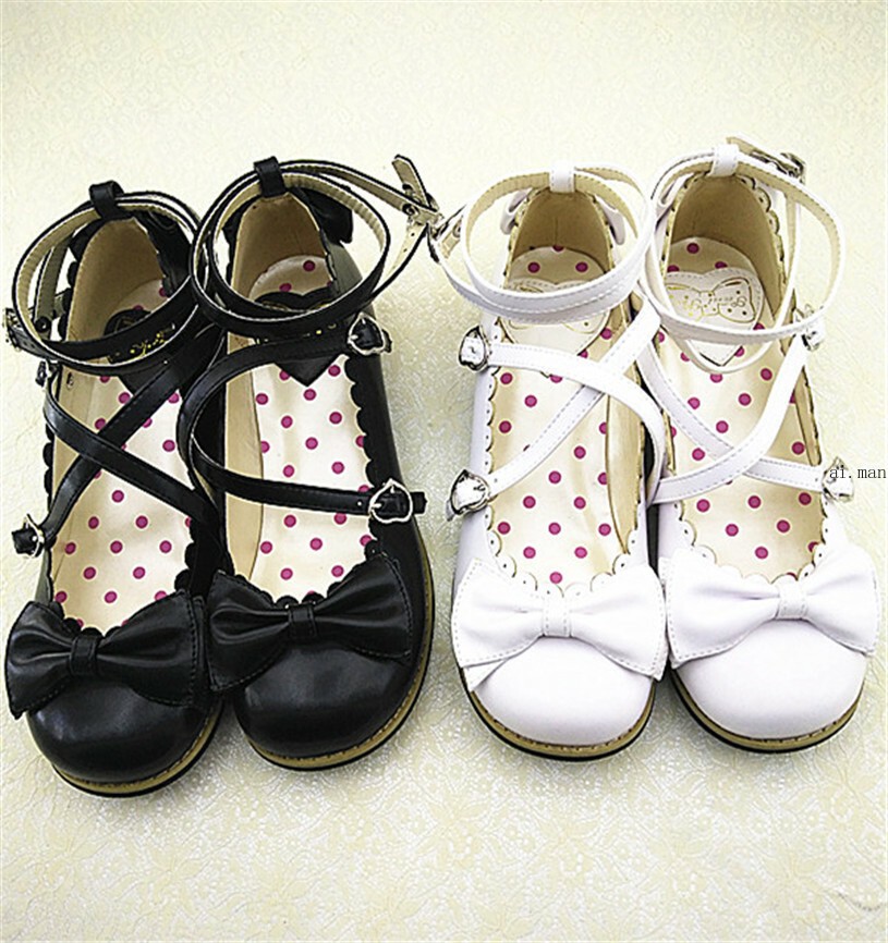 Women Lolita Low-heeled Mary Jane High Heel Cross Straps Bow Knot Princess Shoes