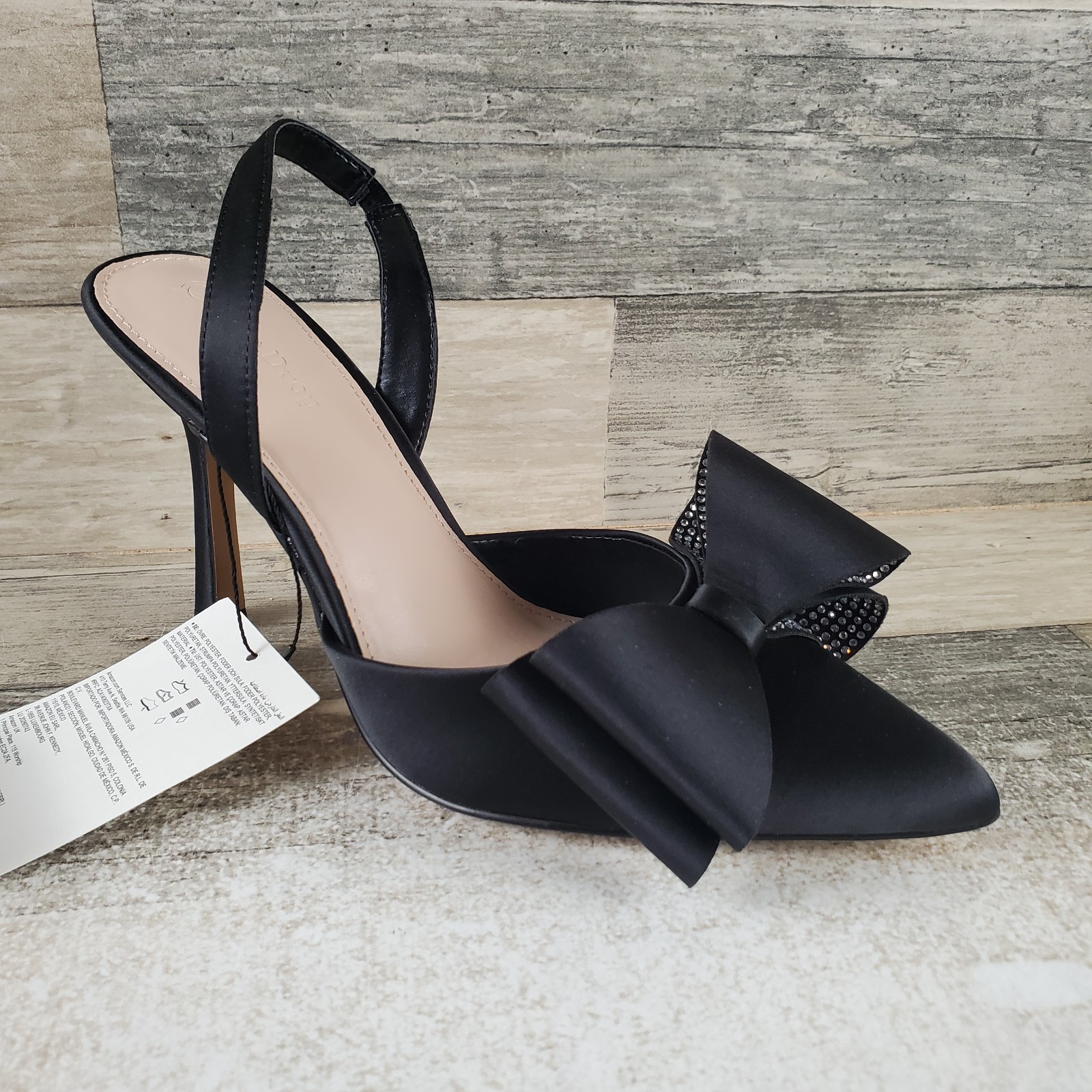 The Drop Womens Slingback Pump Sz 7.5 Black Pointed-Toe Rhinestone Kitten Heel