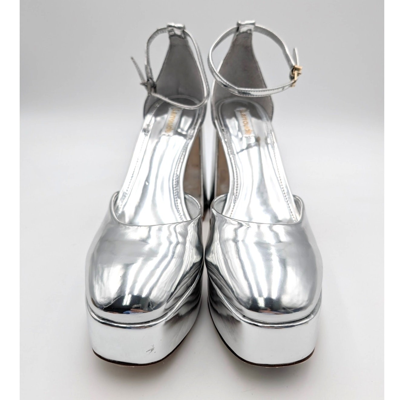 Larroude Ari Block Heel Pump Ankle Strap Women’s Silver Specchio Size US10 EU41