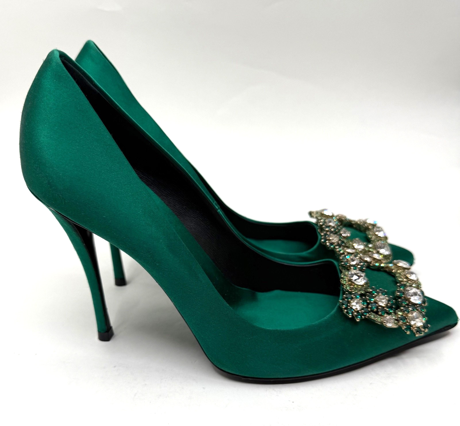 ROGER VIVIER Emerald Satin Flower Strass Decolleté Crystal Buckle Pump size 37.5