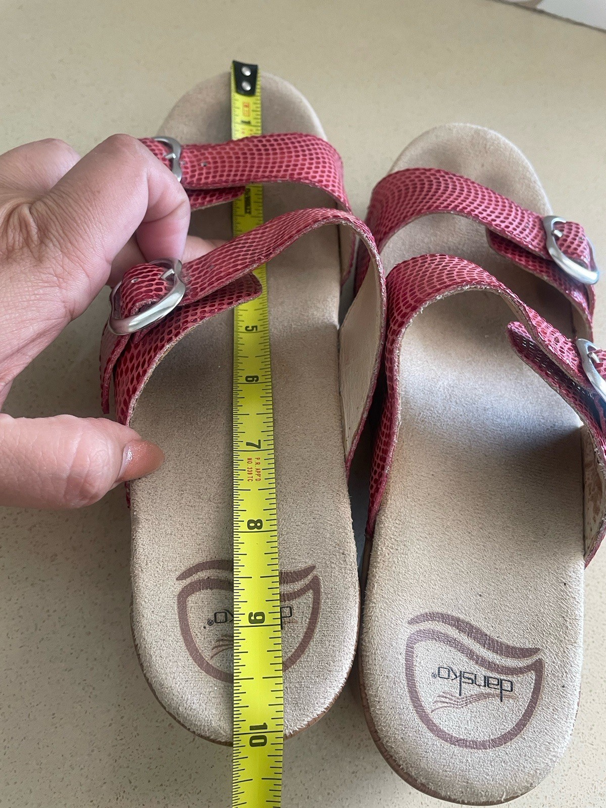 Dansko Sophie 39 (8.5-9) Red Snake Leather Wedge Clogs Faux Wood Sandals Summer