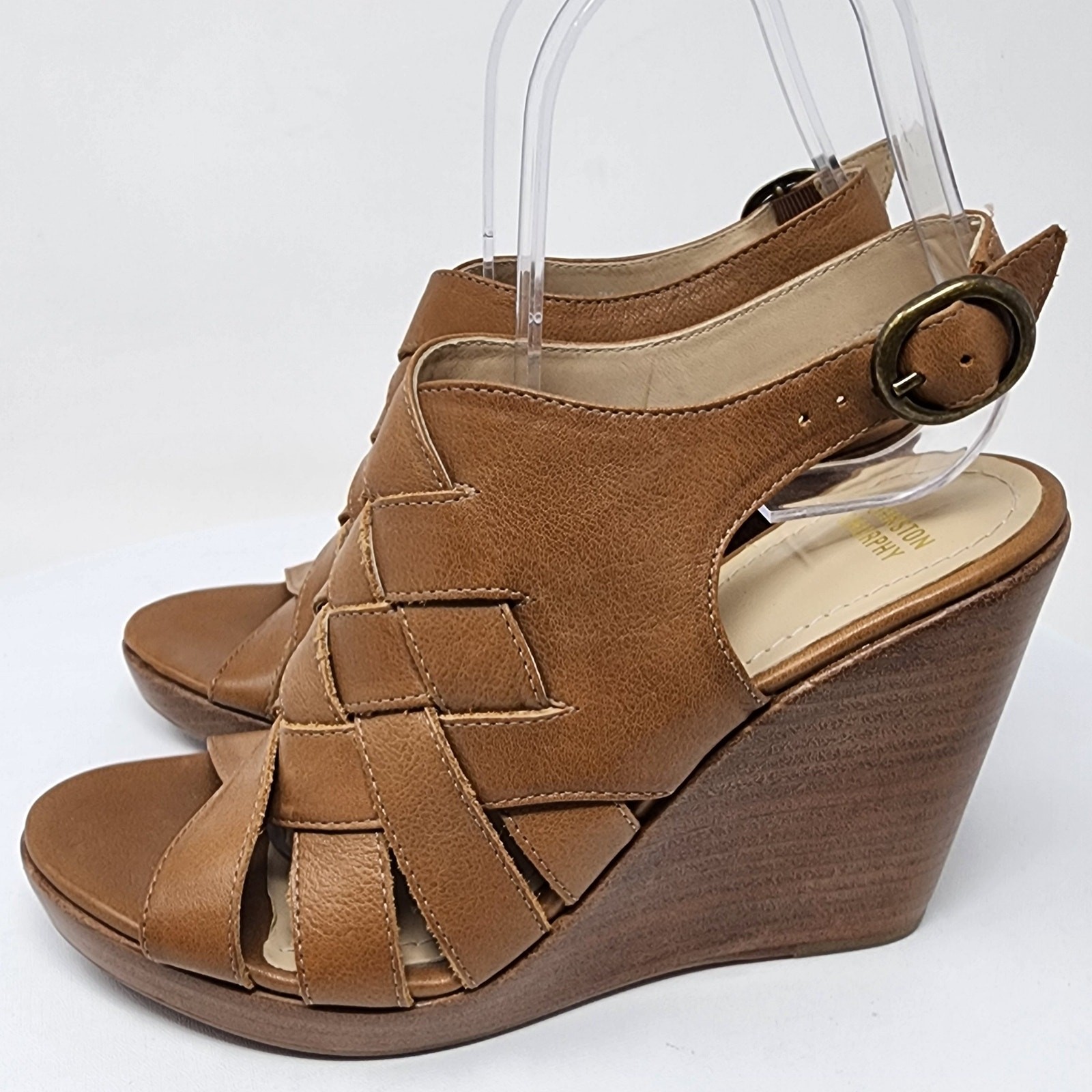 Johnston & Murphy Missy Sandal Women 7M Wedge Slingback Tan Criss Cross Leather