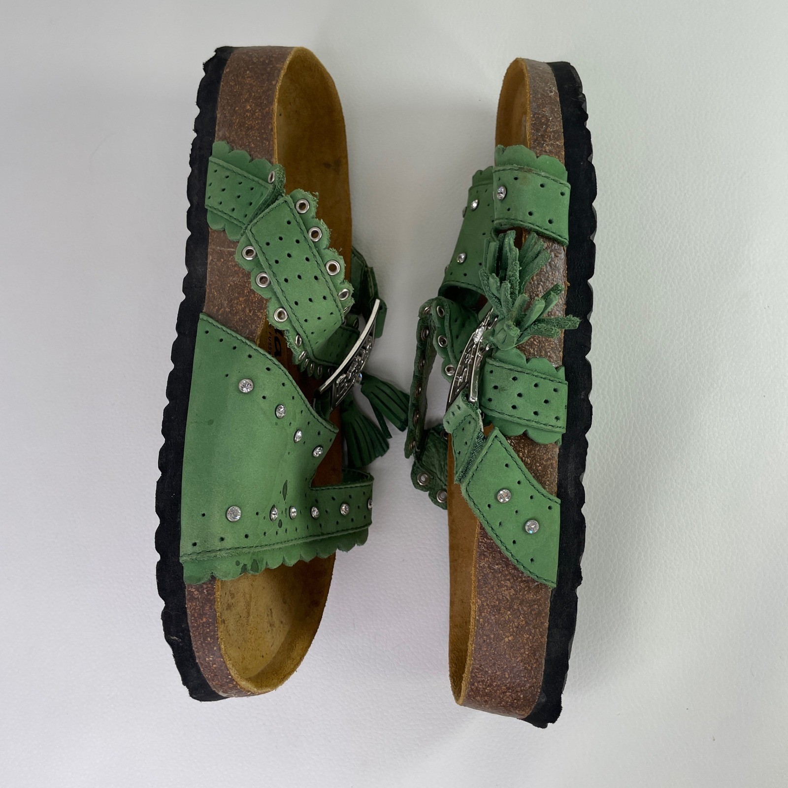 Original Birkenstock Betula Green Leather Rhinestone Tassel Sandals Women 38 L7