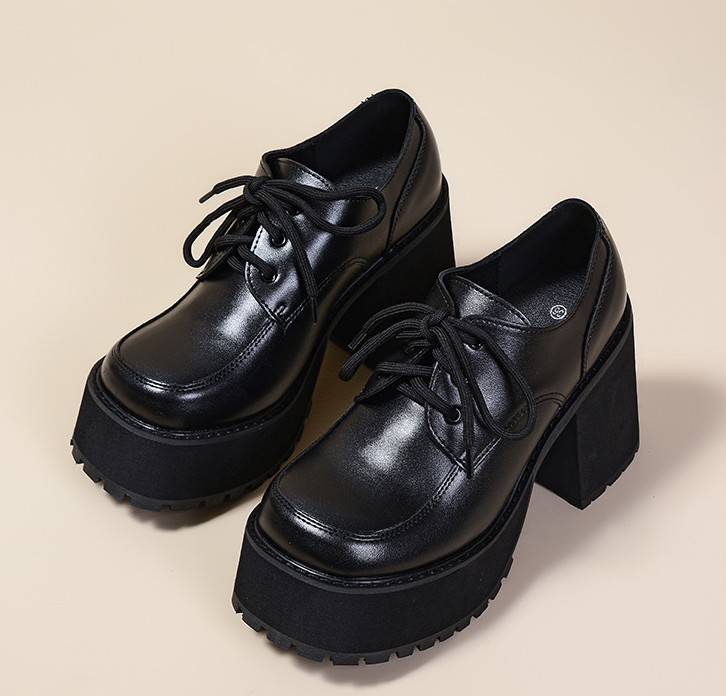 Women’s Girls Platform Faux Leather Shoes Chunky Heels Lace Up Students College