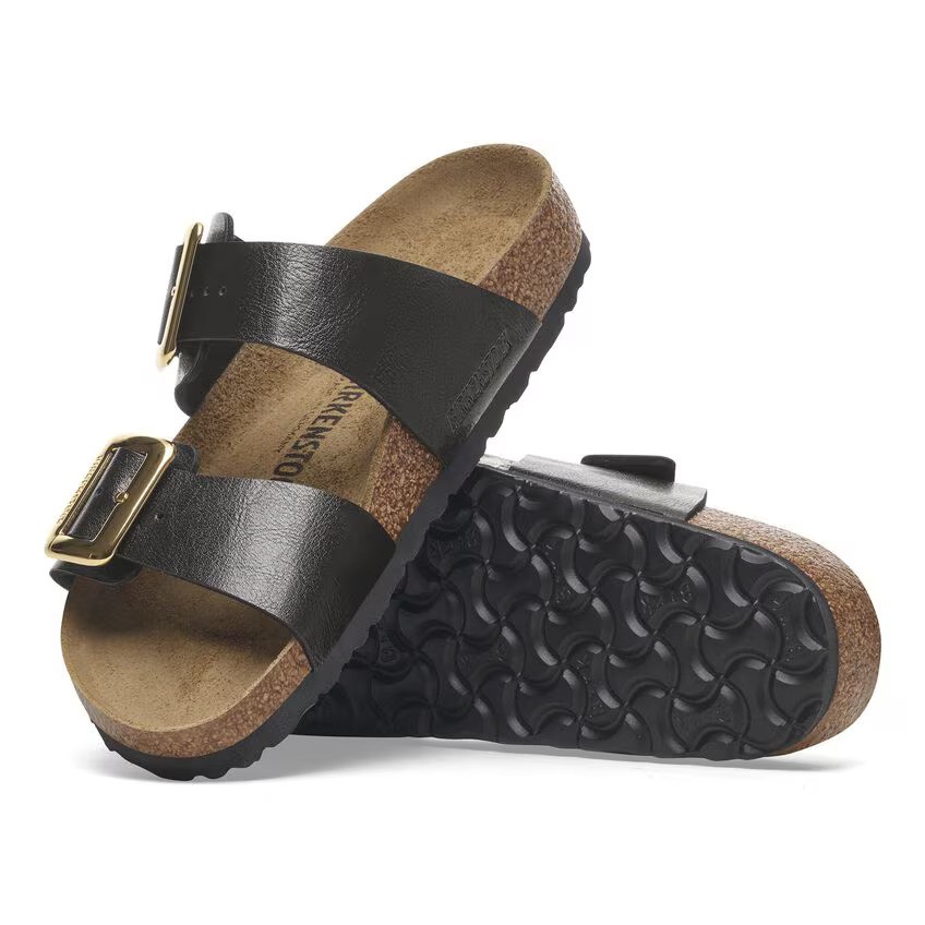 BIRKENSTOCK SYDNEY CUSHION LUXE BUCKLE LICORICE MEDIUM/NARROW WIDTH DOUBLE STRAP