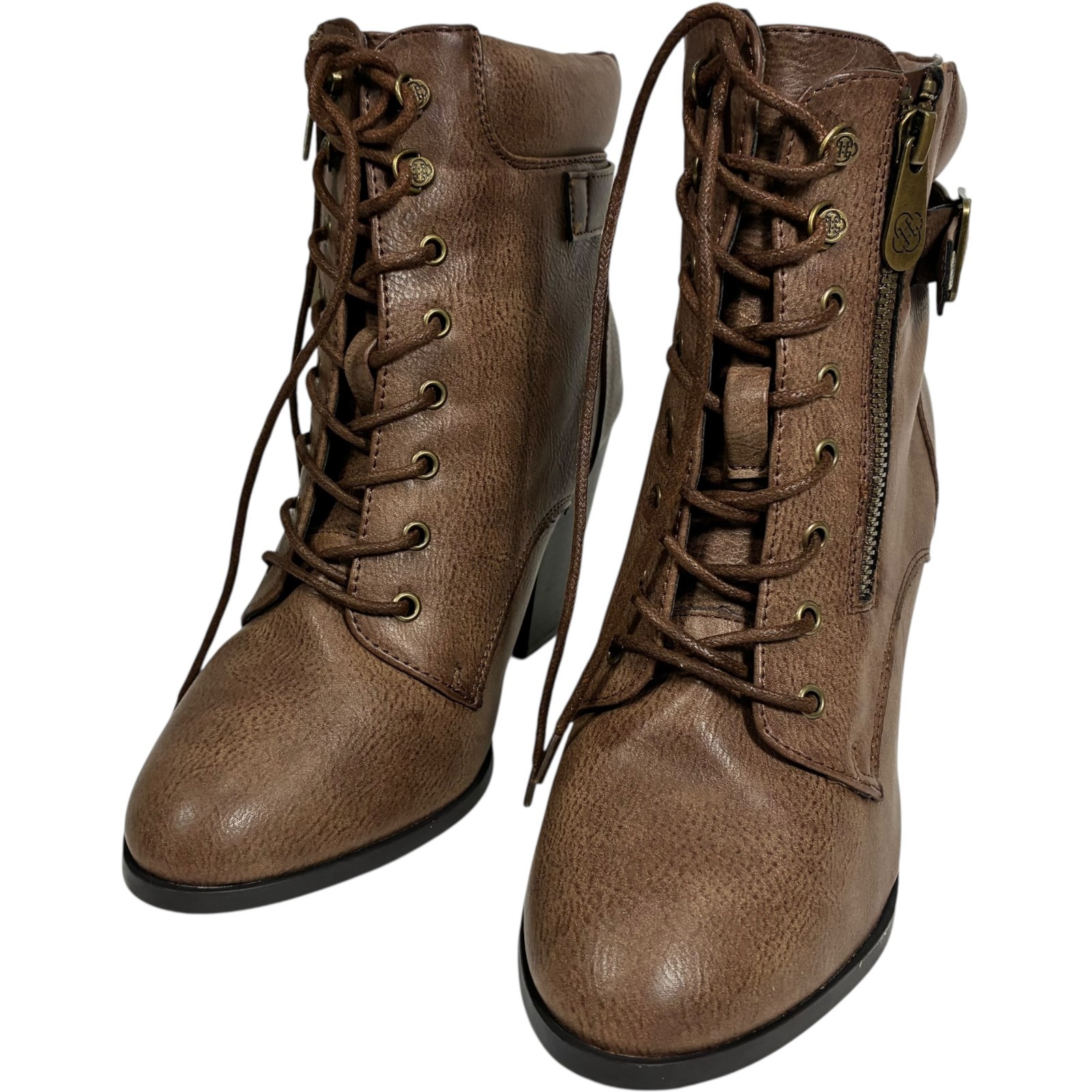 Daisy Fuentes Calida Brown PU 3.5in Block Heel Zip Ankle Booties womens size 9W