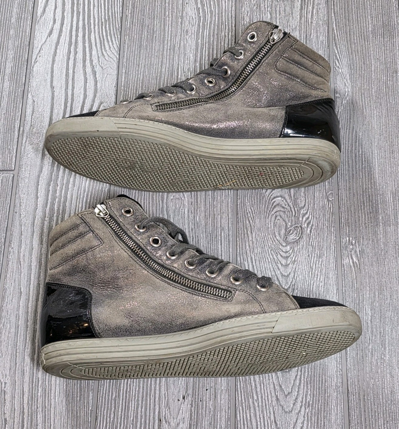 Paul Green brown Black metallic leather & suede hightop sneaker sz 8.5 zip Side