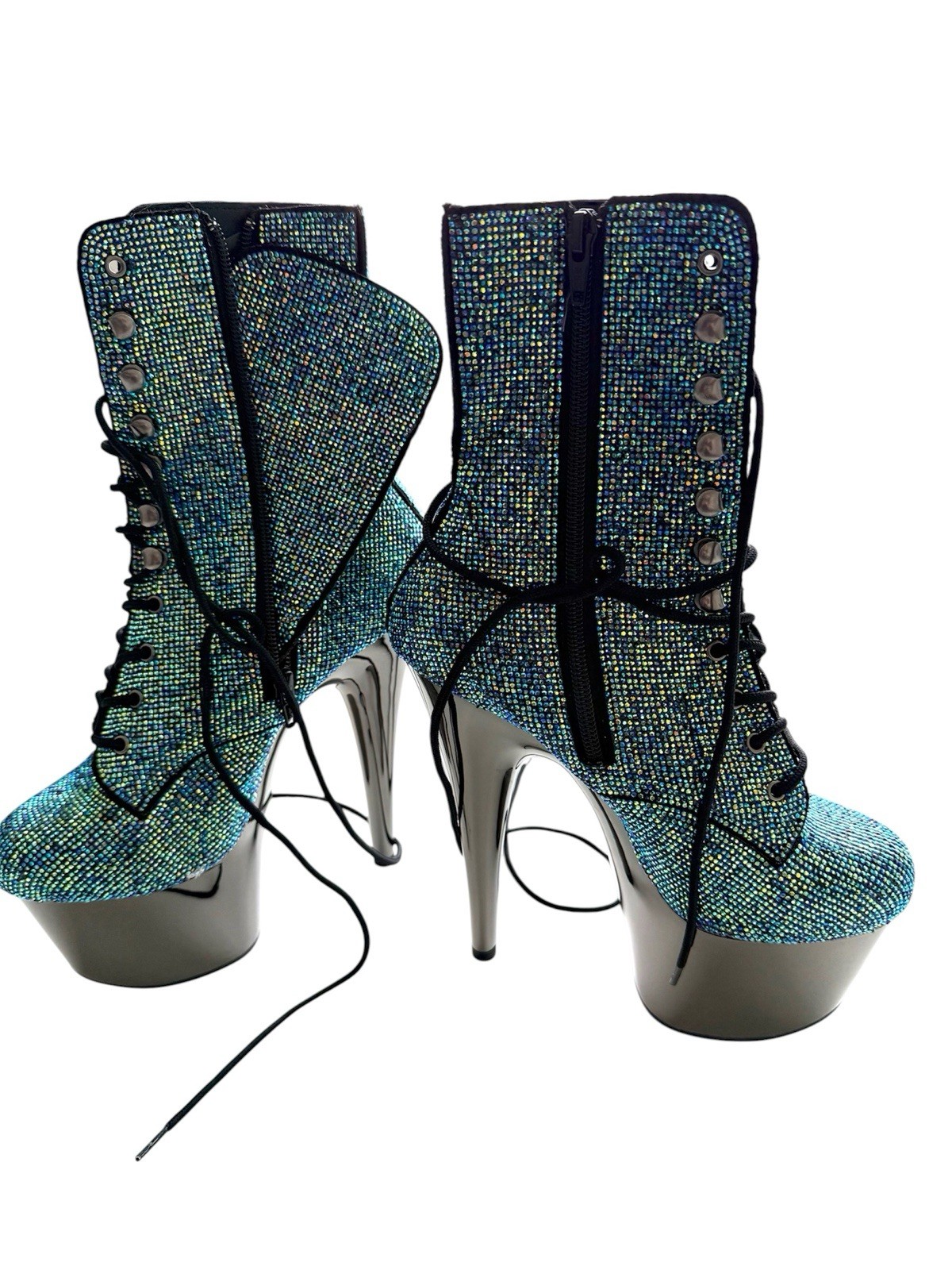 PLEASER Sexy 7″ Heel Chrome Platform Turquoise Rhinestones Covered Ankle Boots