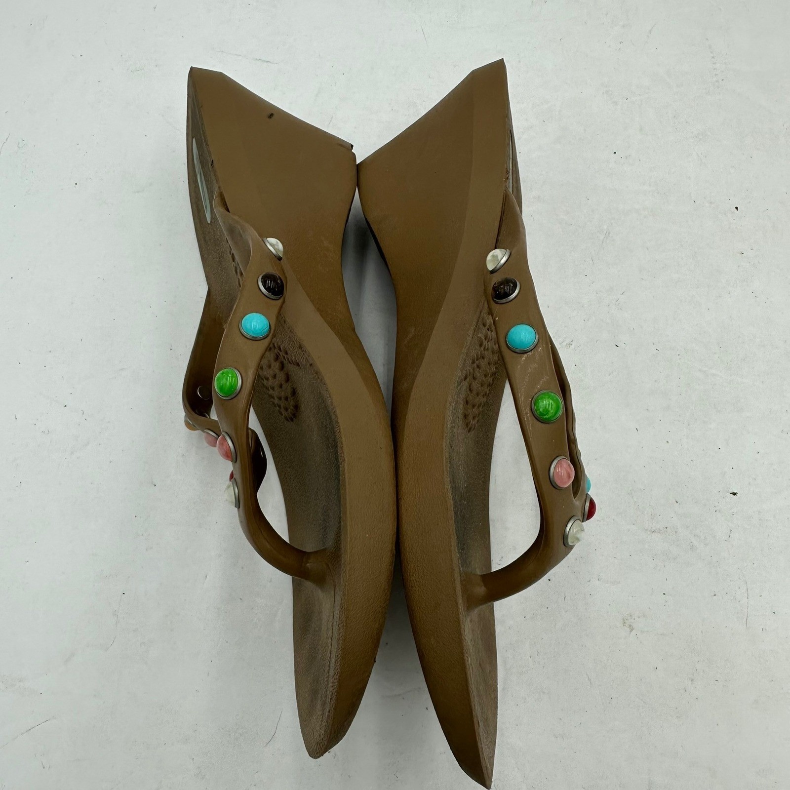 Oka B Womens Brown Studded Wedge Flip Flop Sandals Size S Made in USA 25036