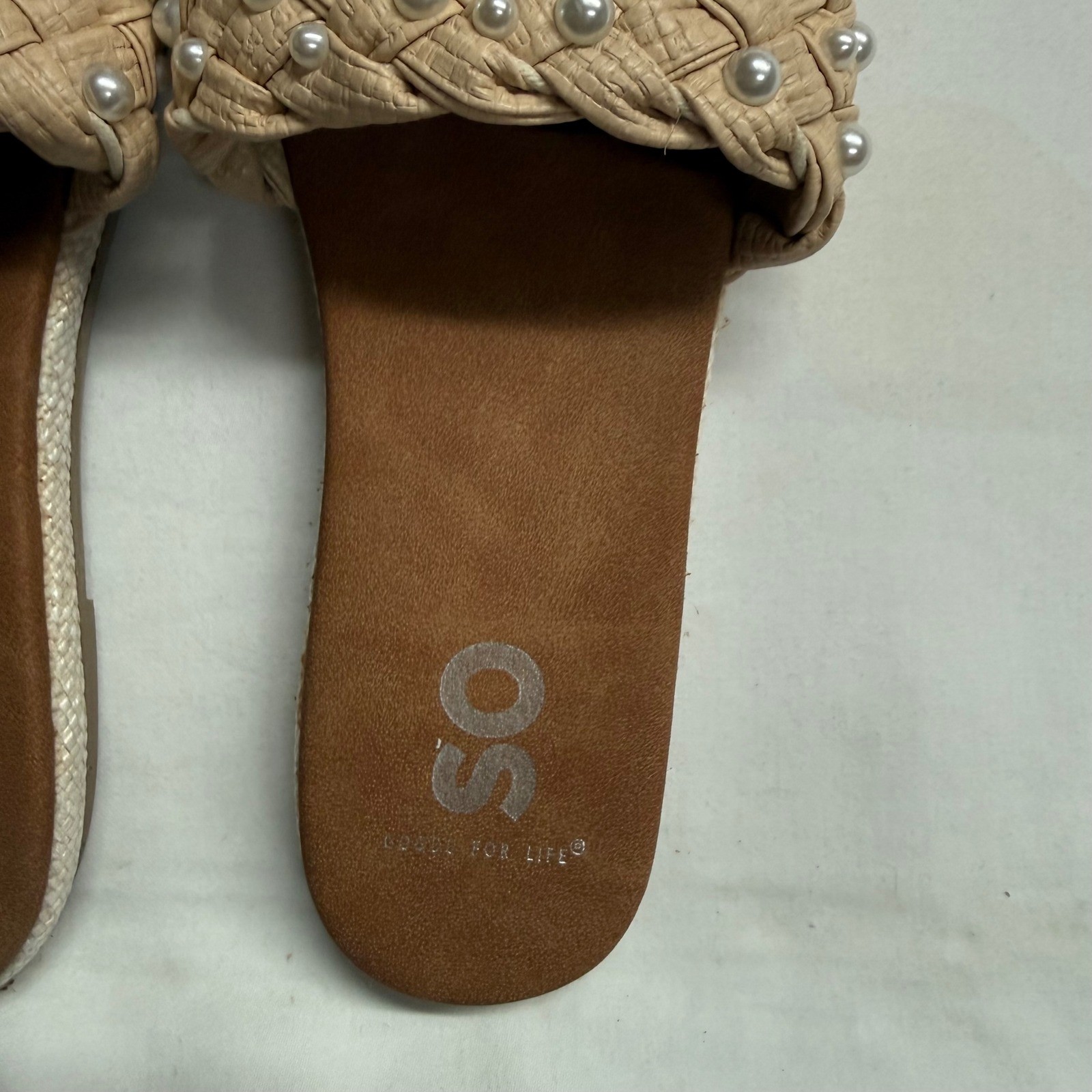 SO Pearl Studded Woven Slide Sandals Womens 7 Medium Beige Raffia Boho