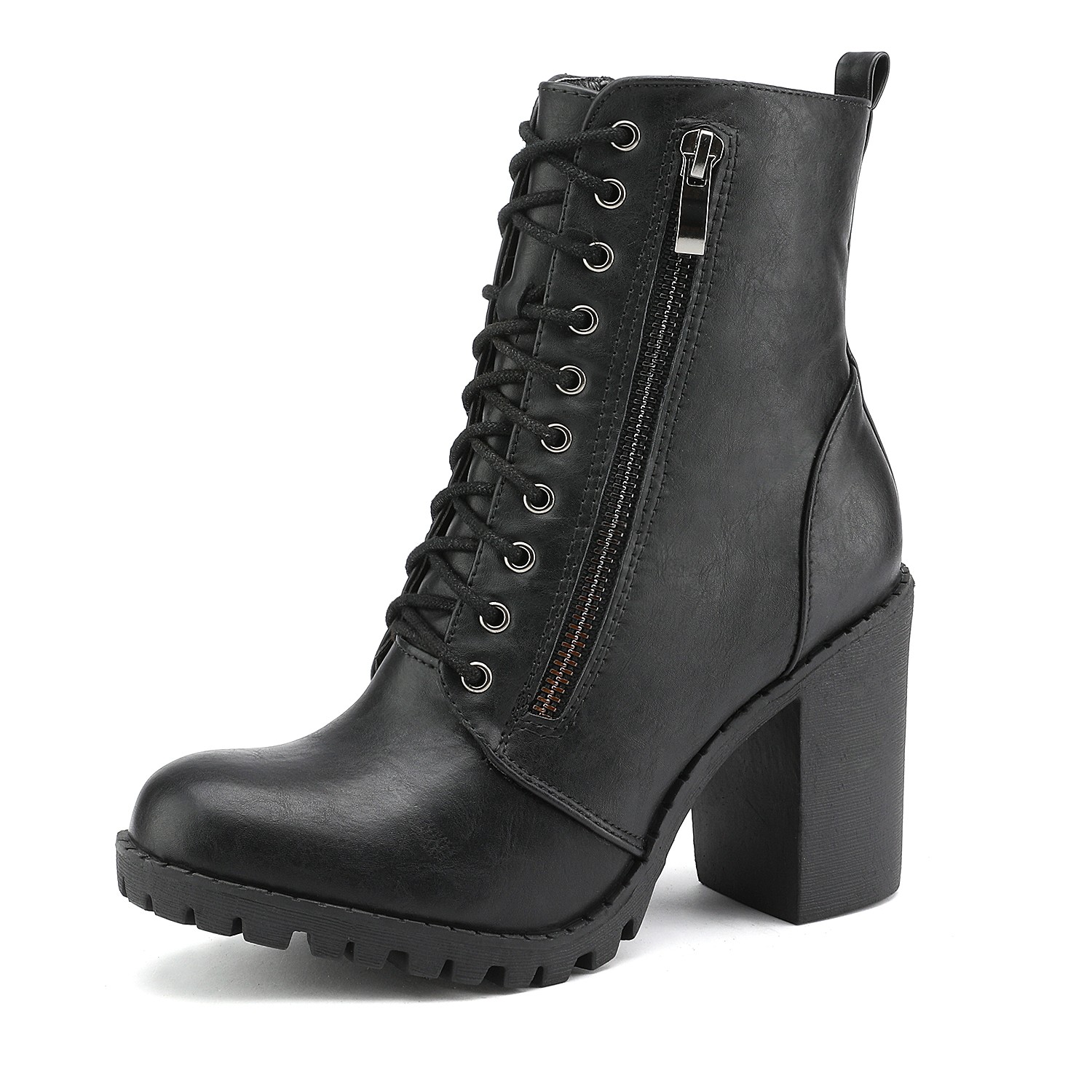 Women Lace Up Ankle Boots Chunky Block High Heel Combat Booties Shoes