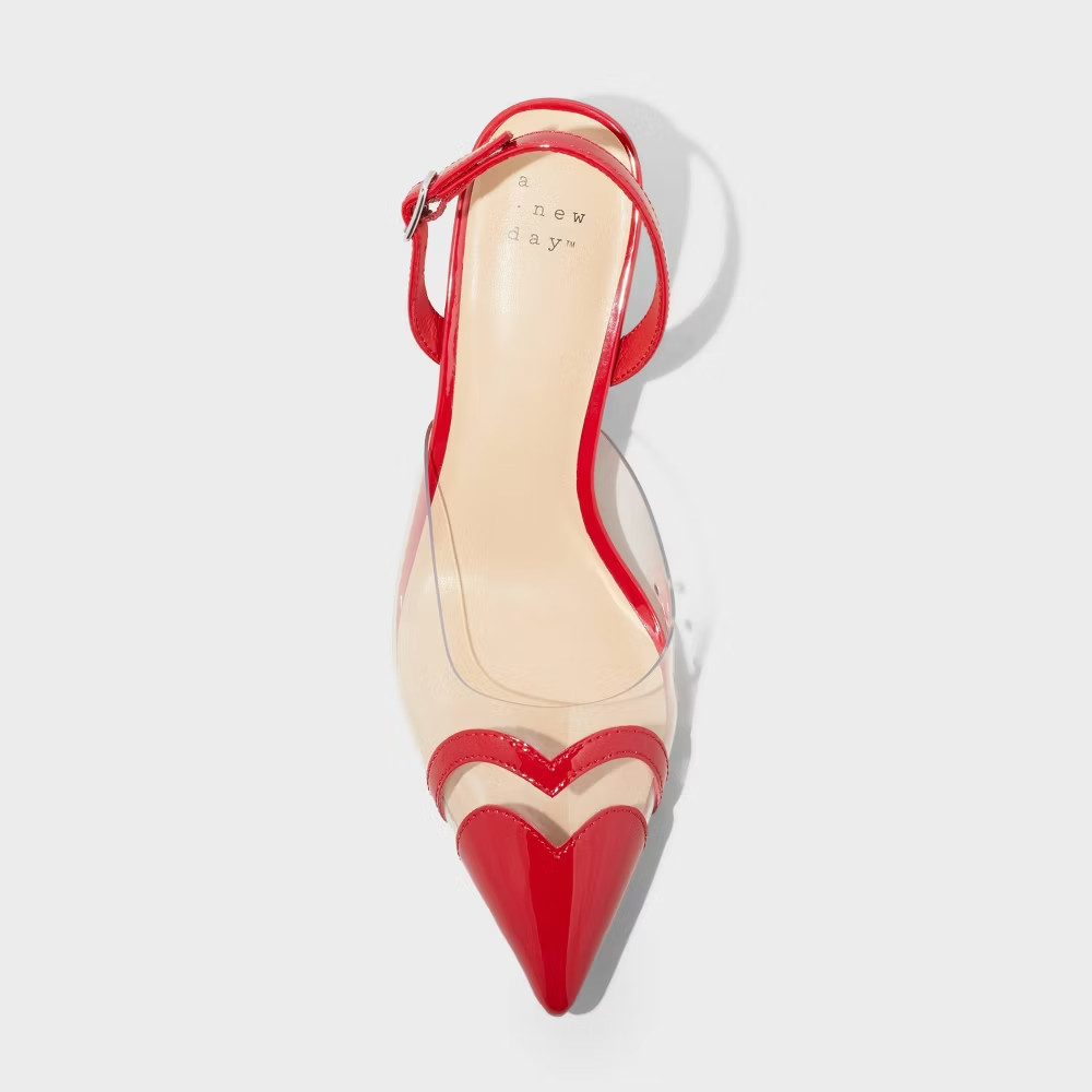 A New Day Shoes Womens Size 7.5 Red Clear Pointed Toe Heels Eleanor Heart Detail