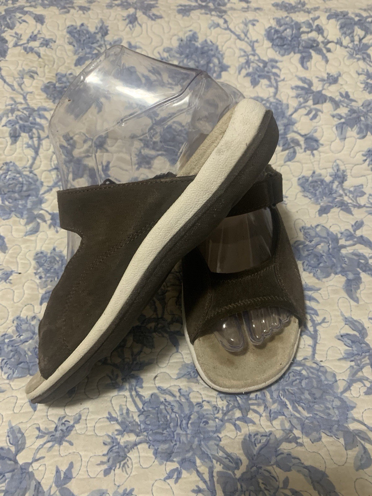 Ryka Women’s Leather Slide Sandals Brown/Beige Double Strap Hook & Loop US 7