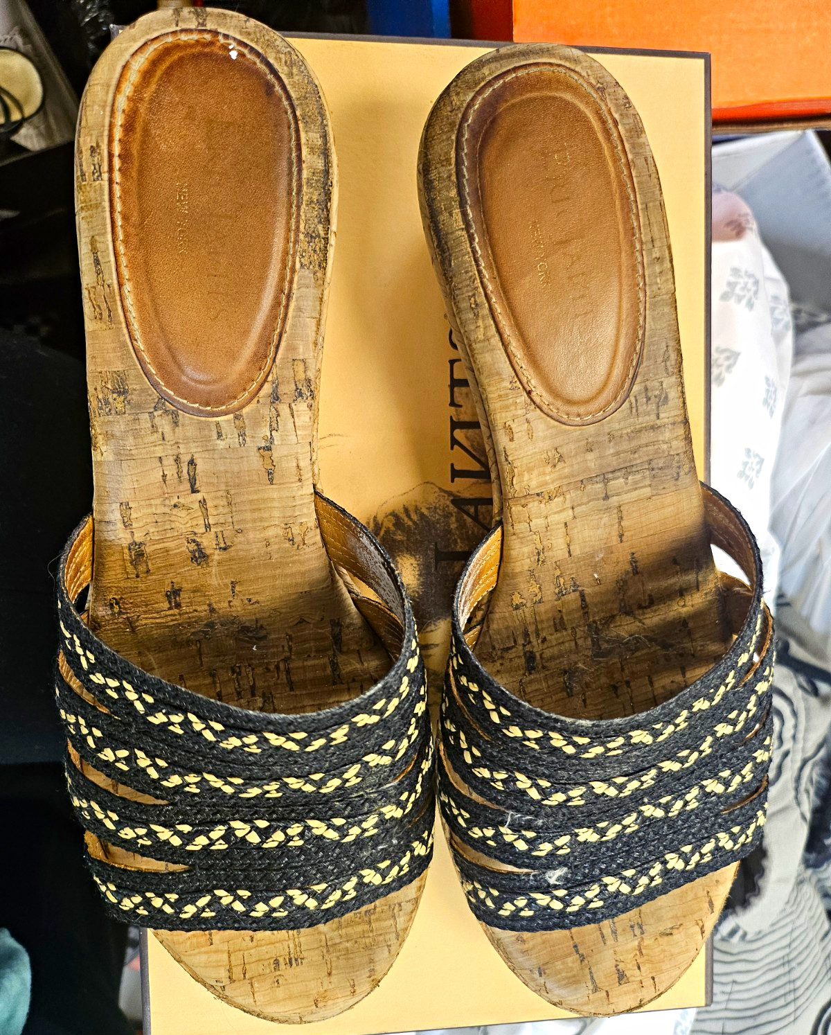 Eric Javits Black/Beige Synthetic Slide Sandals Braided Slip On Womens US 9 M