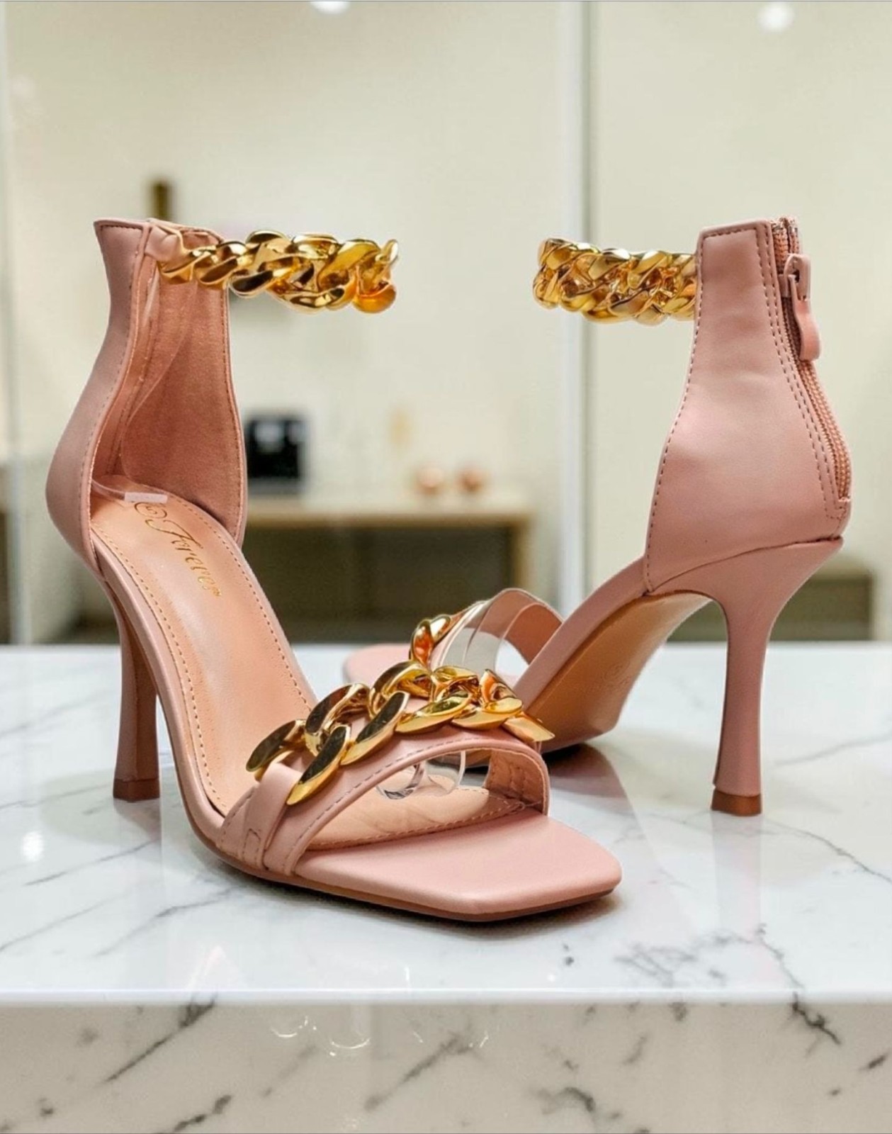 Blush Pink High Heel Sandals With Gold Chain Ankle Strap Square Toe Back Zipper