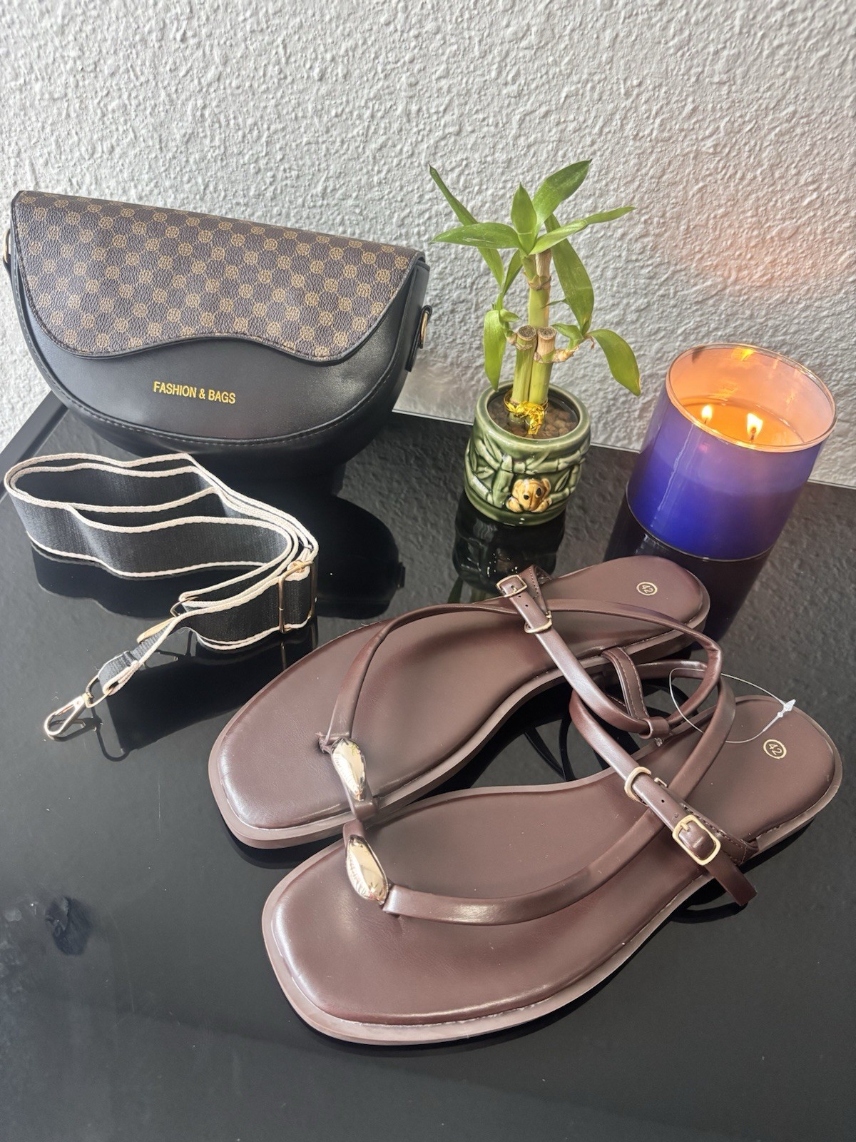 New women’s handbags and flat sandals. Available separately or as a set.