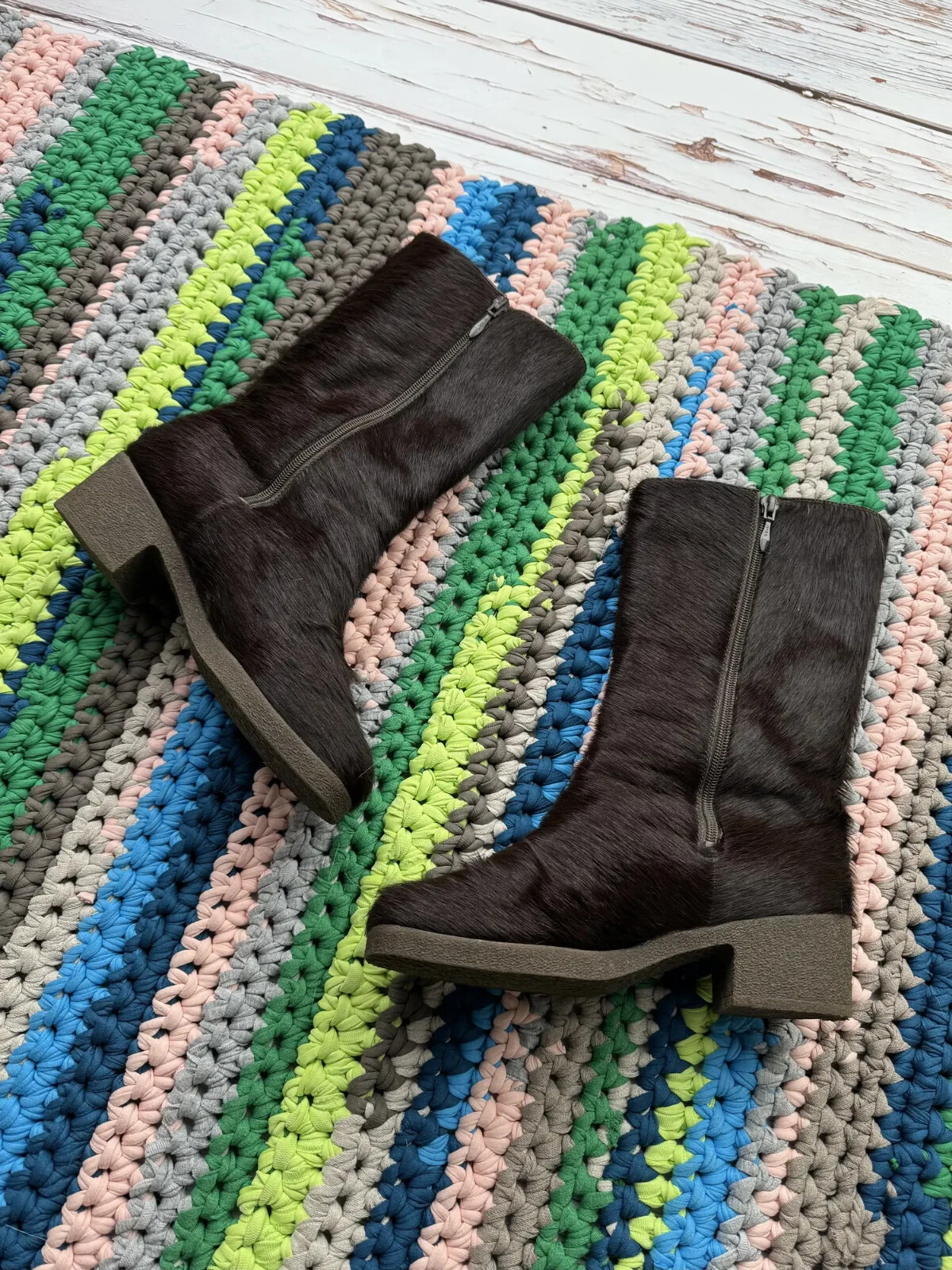 Vintage Women Real Fur Calf Hair Mid Calf Boots Chunky Sole Winter Leather Shoes