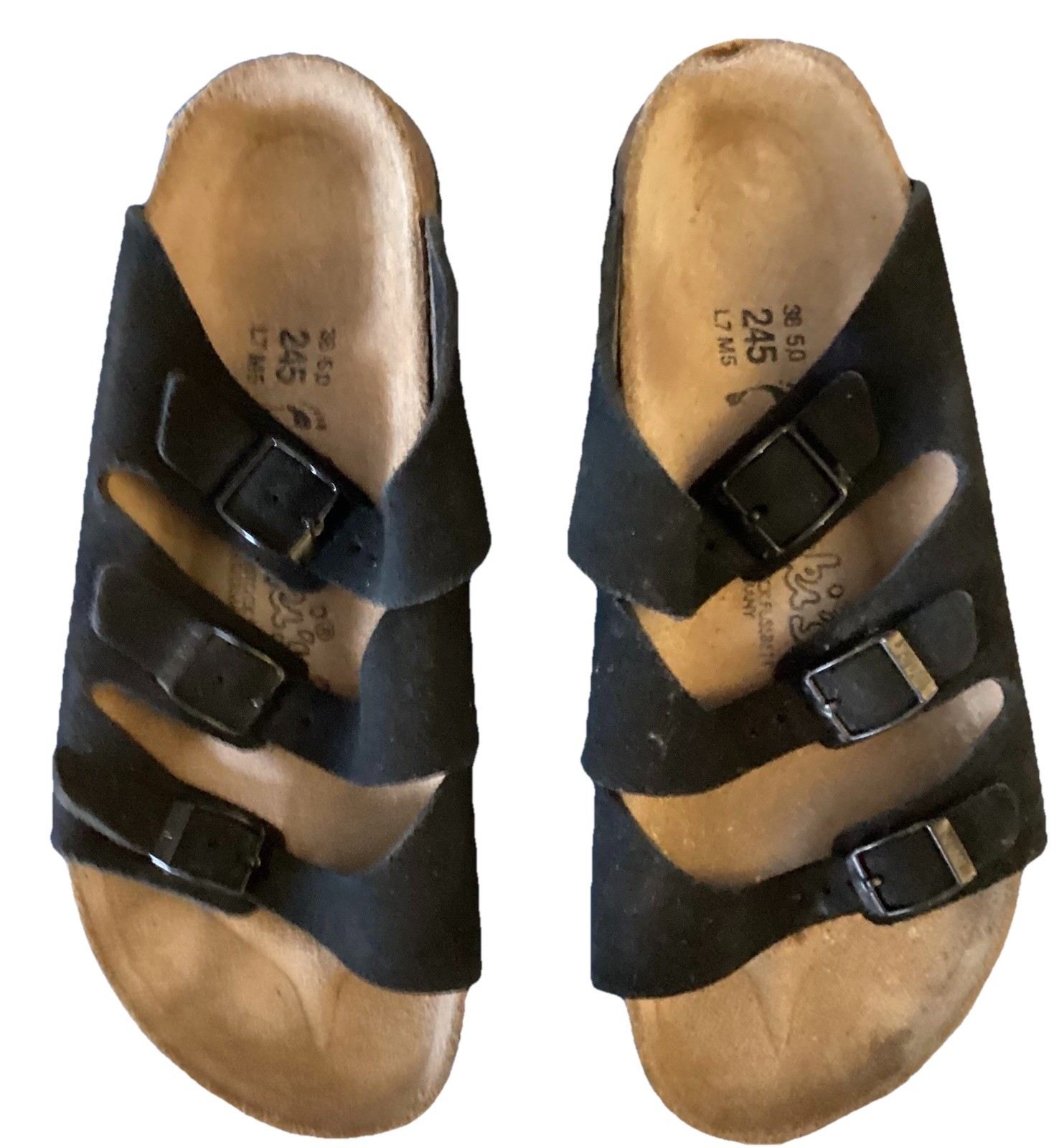 Birkenstock Birkies Sandals Size 7 Medium Black Suede With Brown Footbed