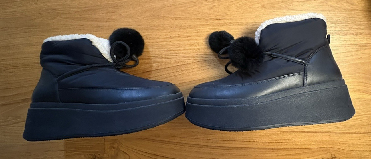 ASH Mini Black Faux Fur Pom Pom Platform Ankle Booties US 7.5-8 EU 38 NWOB