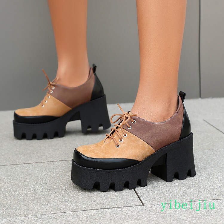 Women’s Platform Shoes Patchwork Two Tone High Block Heel Colorblock Lady Retro