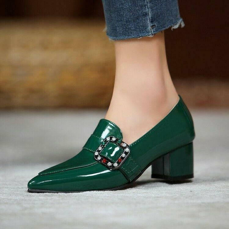 Women’s Block Heels Pointed Toe Rhinestone Pumps OL Work Business Formal Shoes