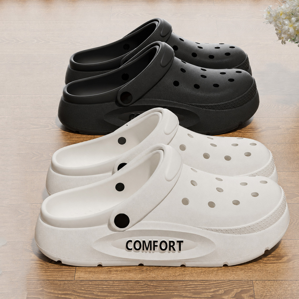 Unisex Outdoor Clogs Black/White Lightweight Breathable Slip On Slippers