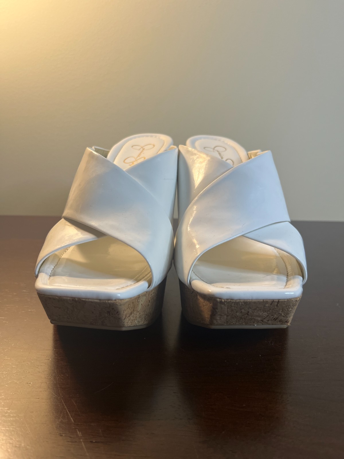 Jessica Simpson White Patent Wedge Sandals Women’s Size 10 Cork Platform