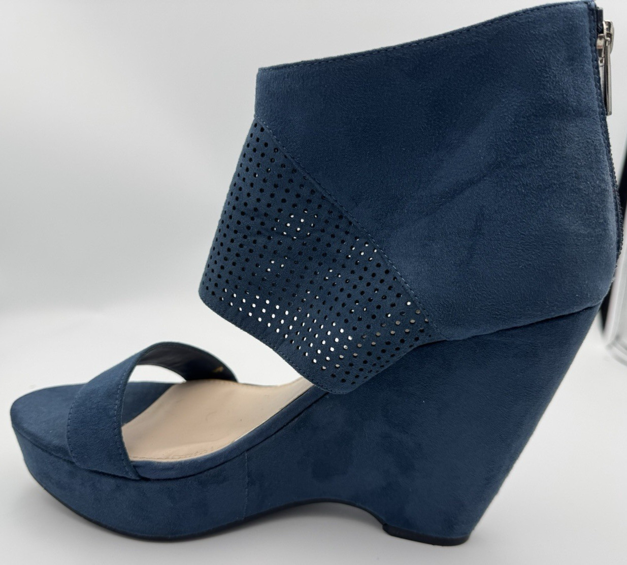 Bar III Siren Platform Ankle Zipper Cuff Wedge Blue Wing Teal Suede Shoes 10M