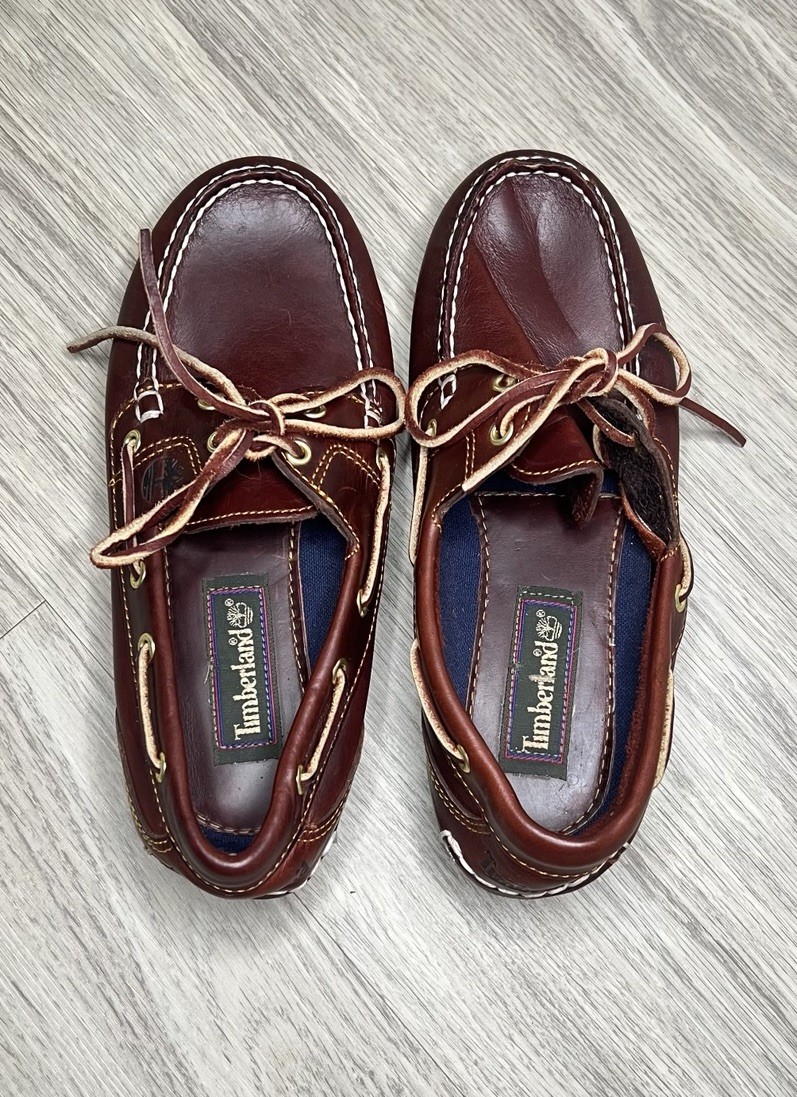 RARE Timberland Classic Boat Shoes Womens 6.5 M Dark Brown SCRIPT HEEL LOGO MINT